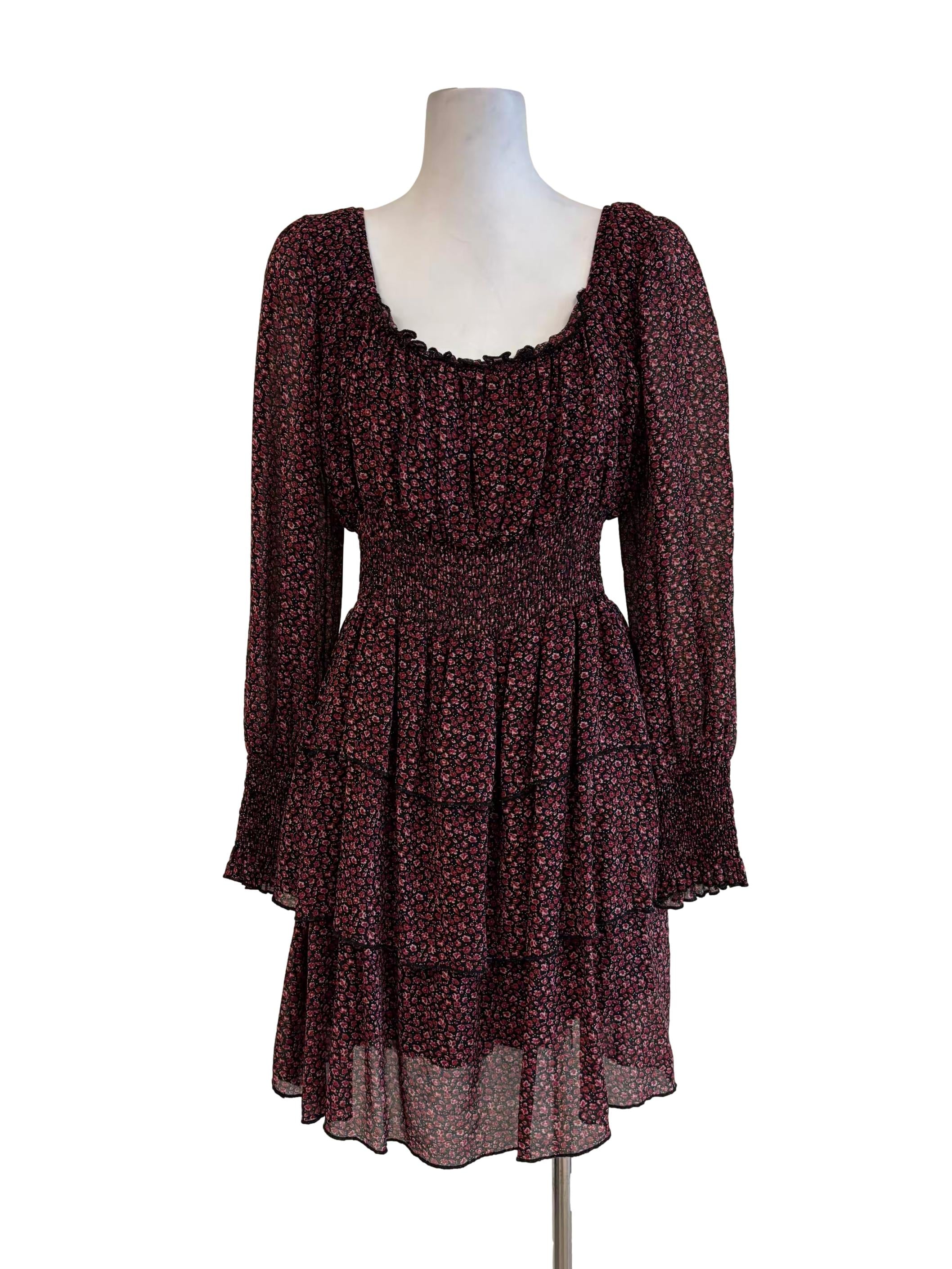 Maroon Floral Smocked Tier Dress