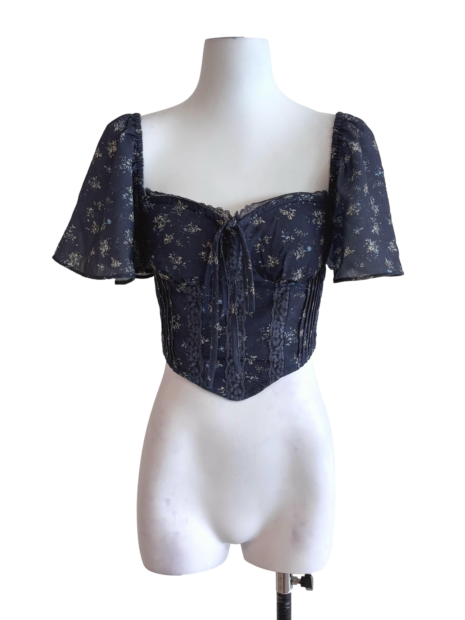 Dark Blue Floral Ribbed Corset Top