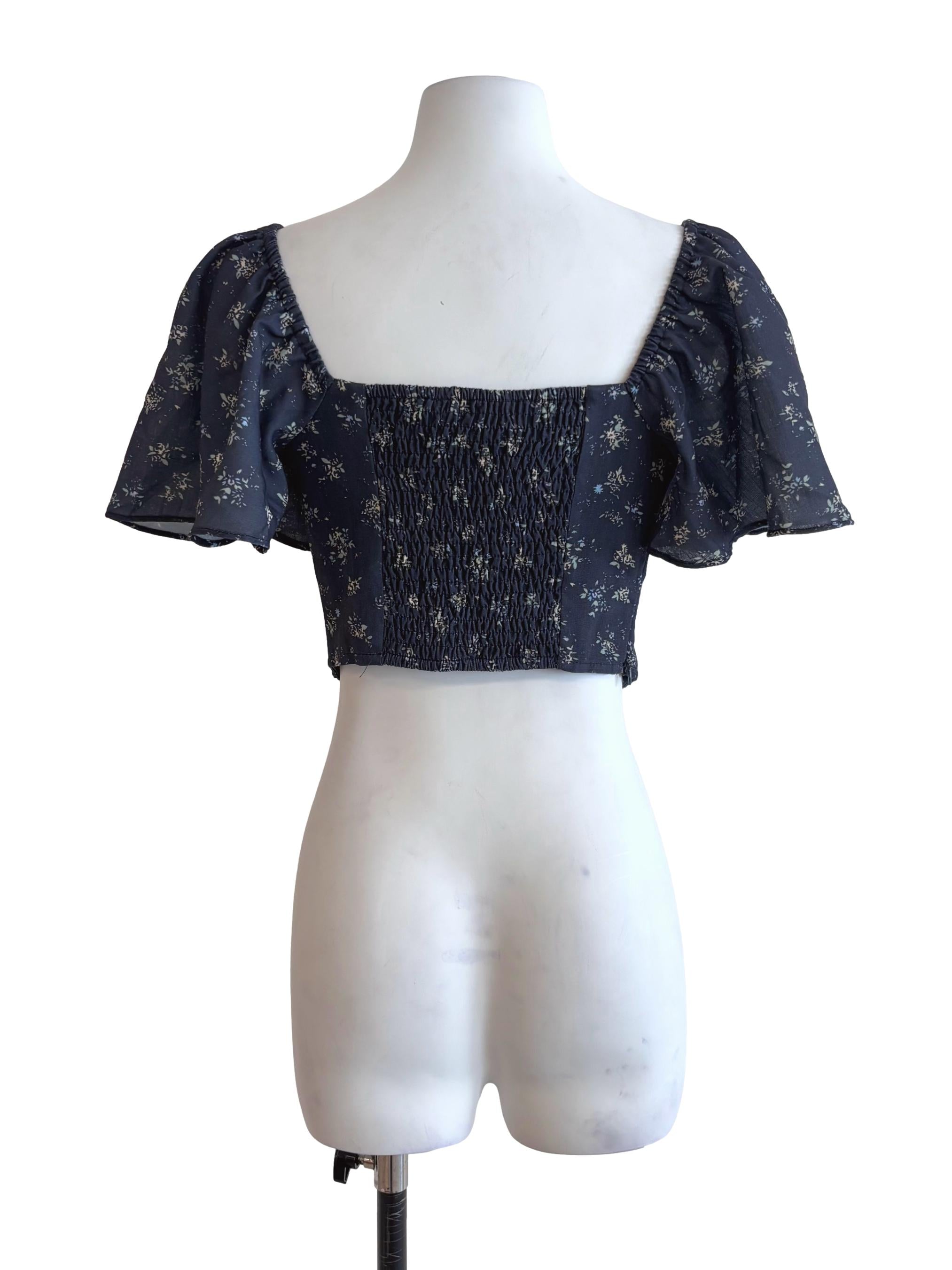 Dark Blue Floral Ribbed Corset Top