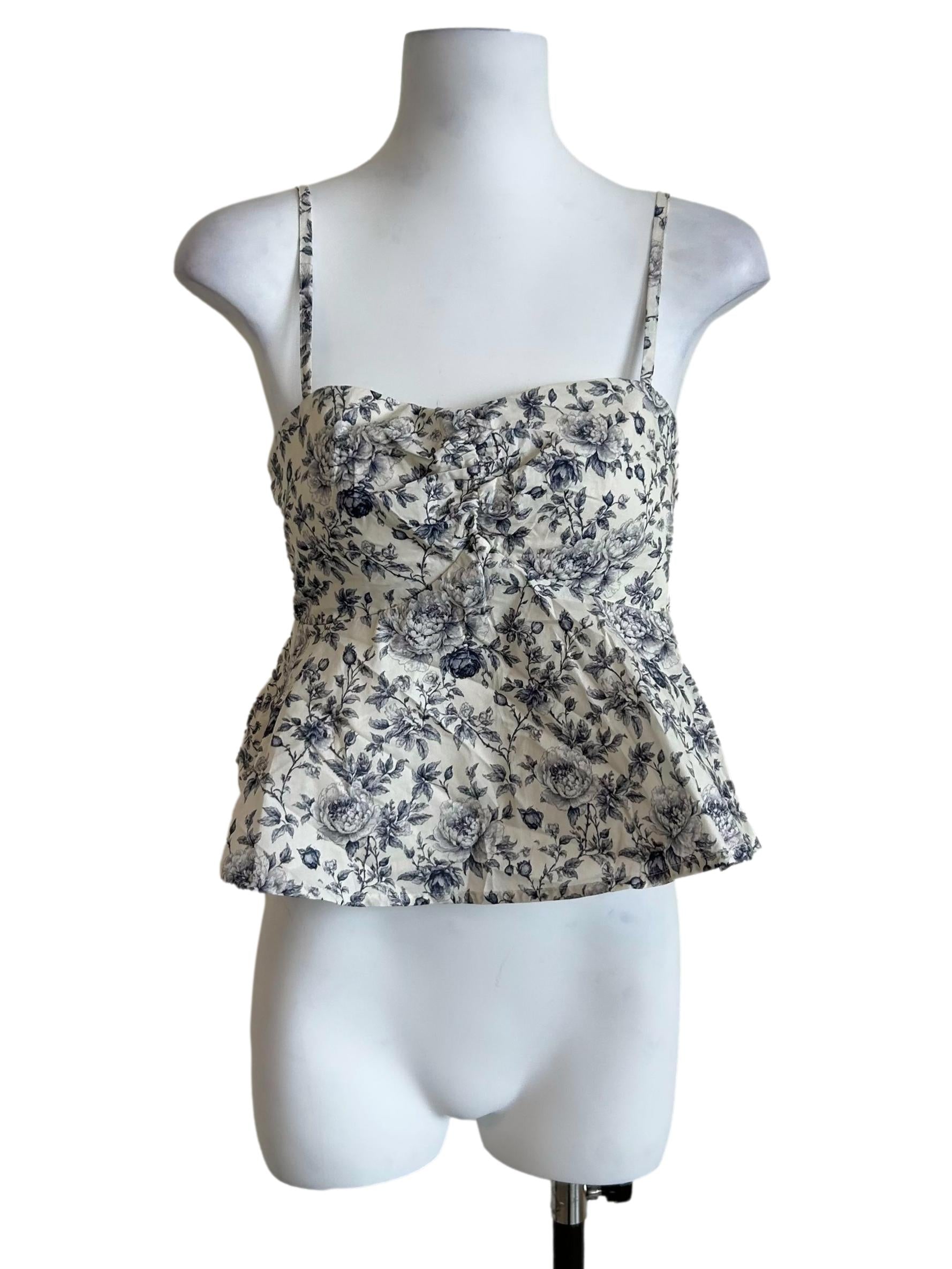 White & Blue Floral Print Peplum Cami Top