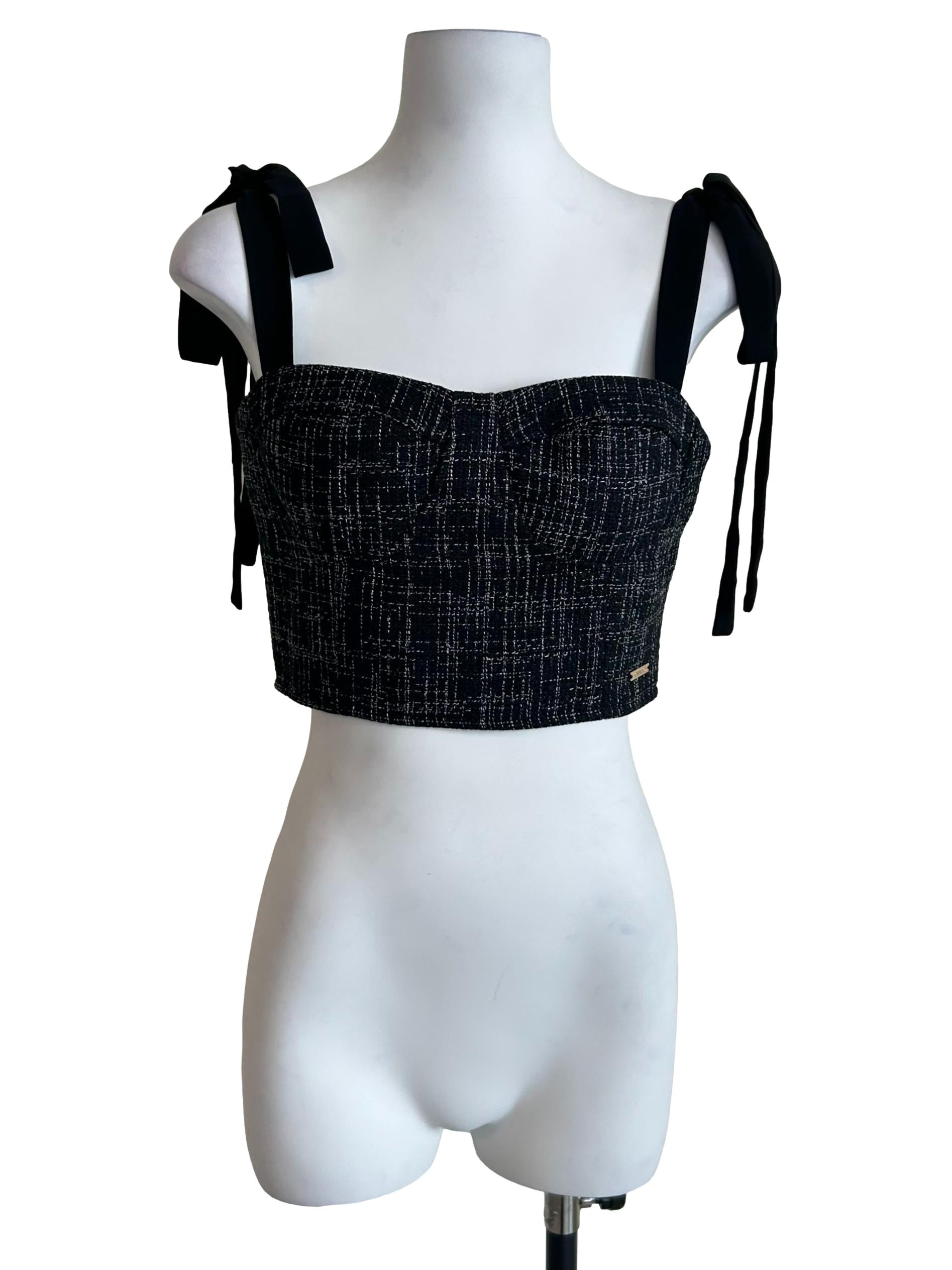 Black Tweed Tie-Strap Bustier Top