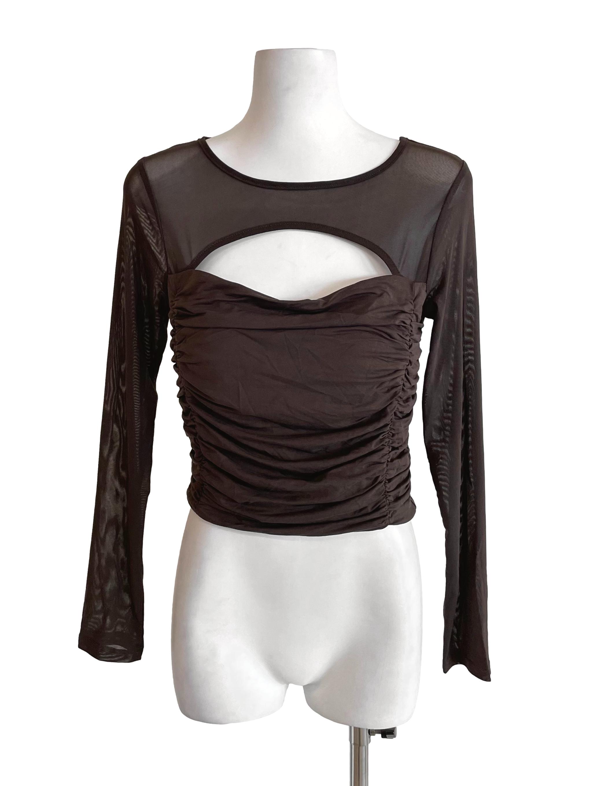 Coffee Scrunch Mesh Sleeves Top