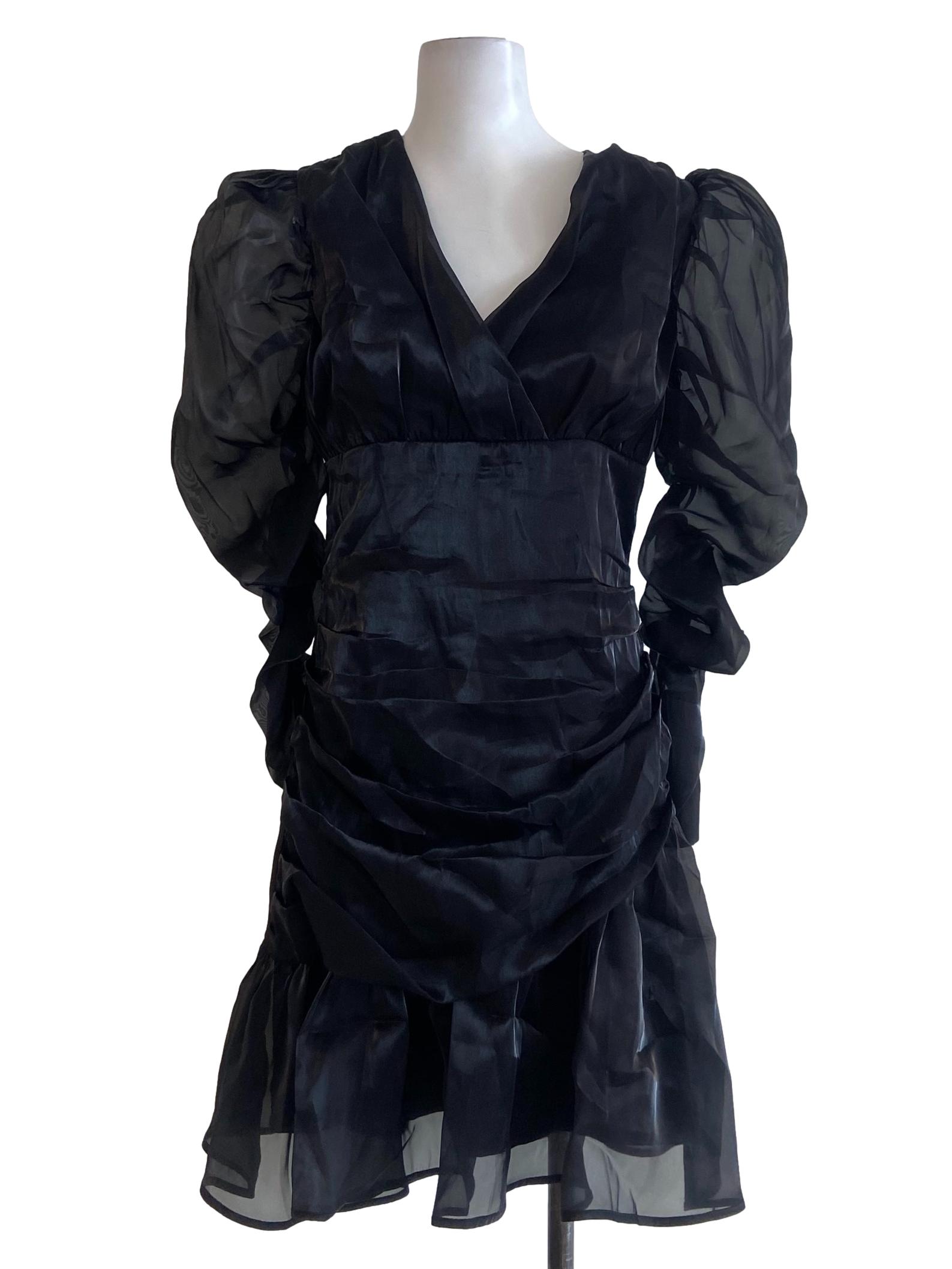 Black Shiny V Neck Leg Of Mutton Sleeve Dress
