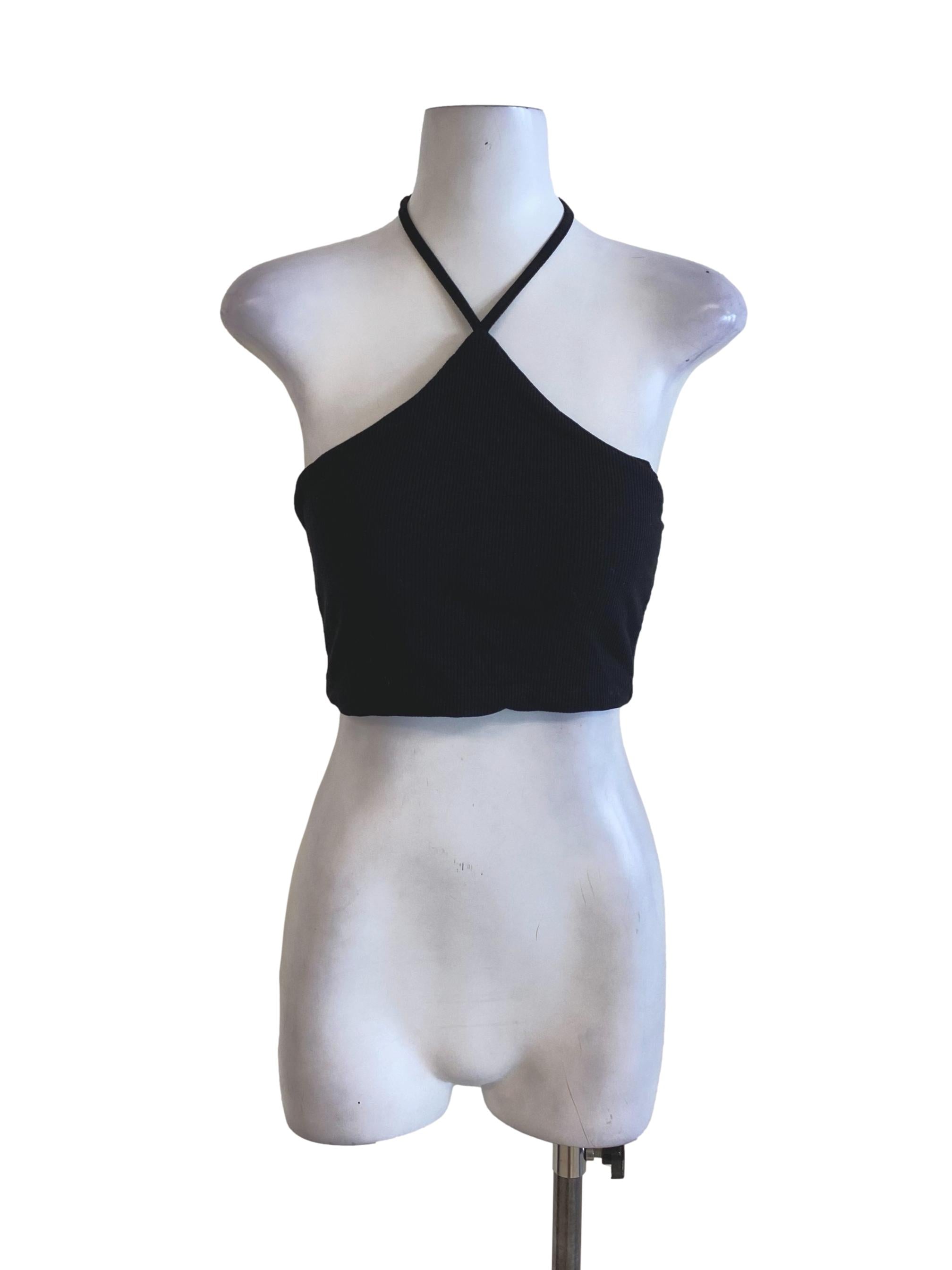 Black Knitted Halter Tie Cropped Top