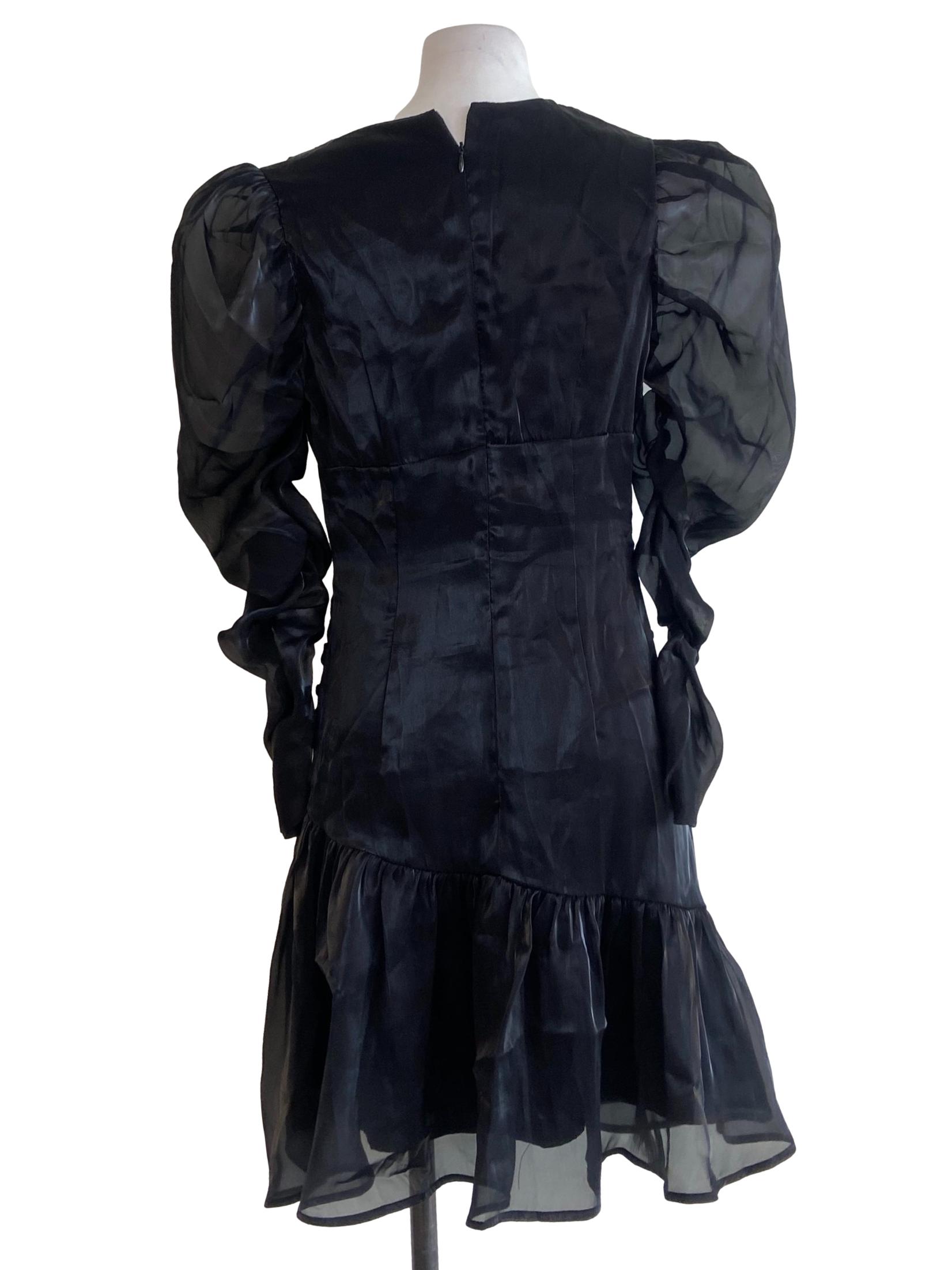 Black Shiny V Neck Leg Of Mutton Sleeve Dress