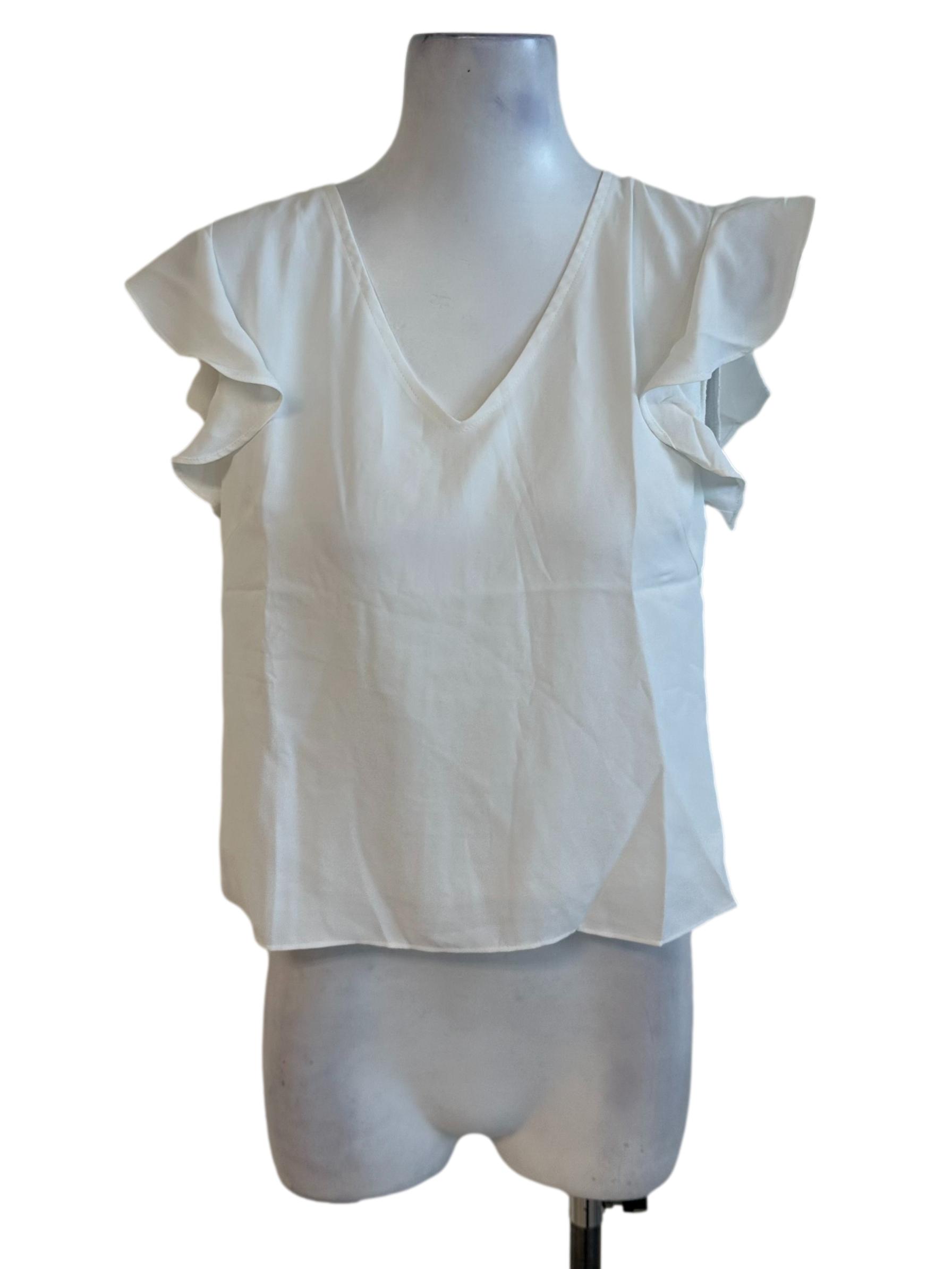 Pearl White V Neck Ruffle Top