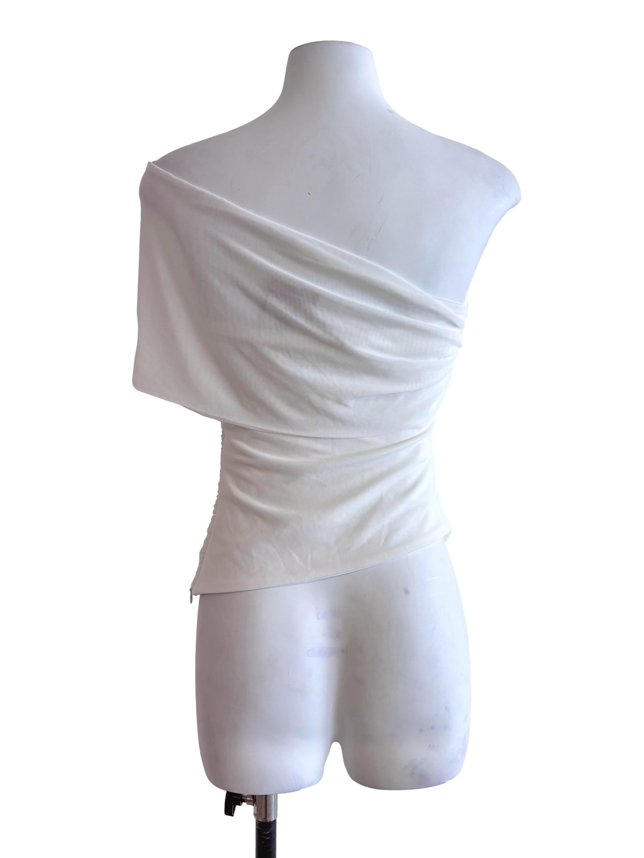 White Mesh Drape Asymmetric Top