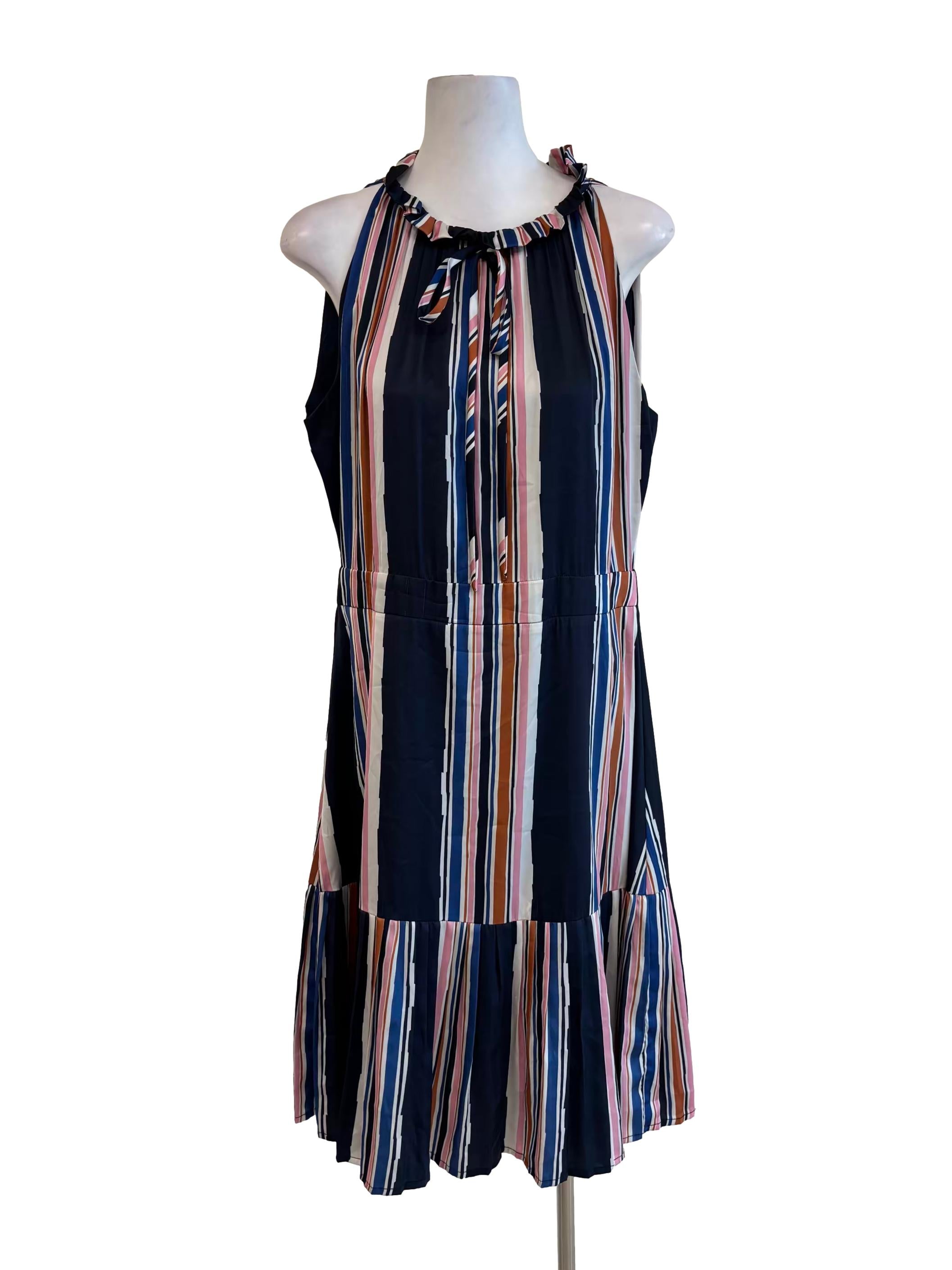 Navy Blue Colorful Striped Sleeveless Dress