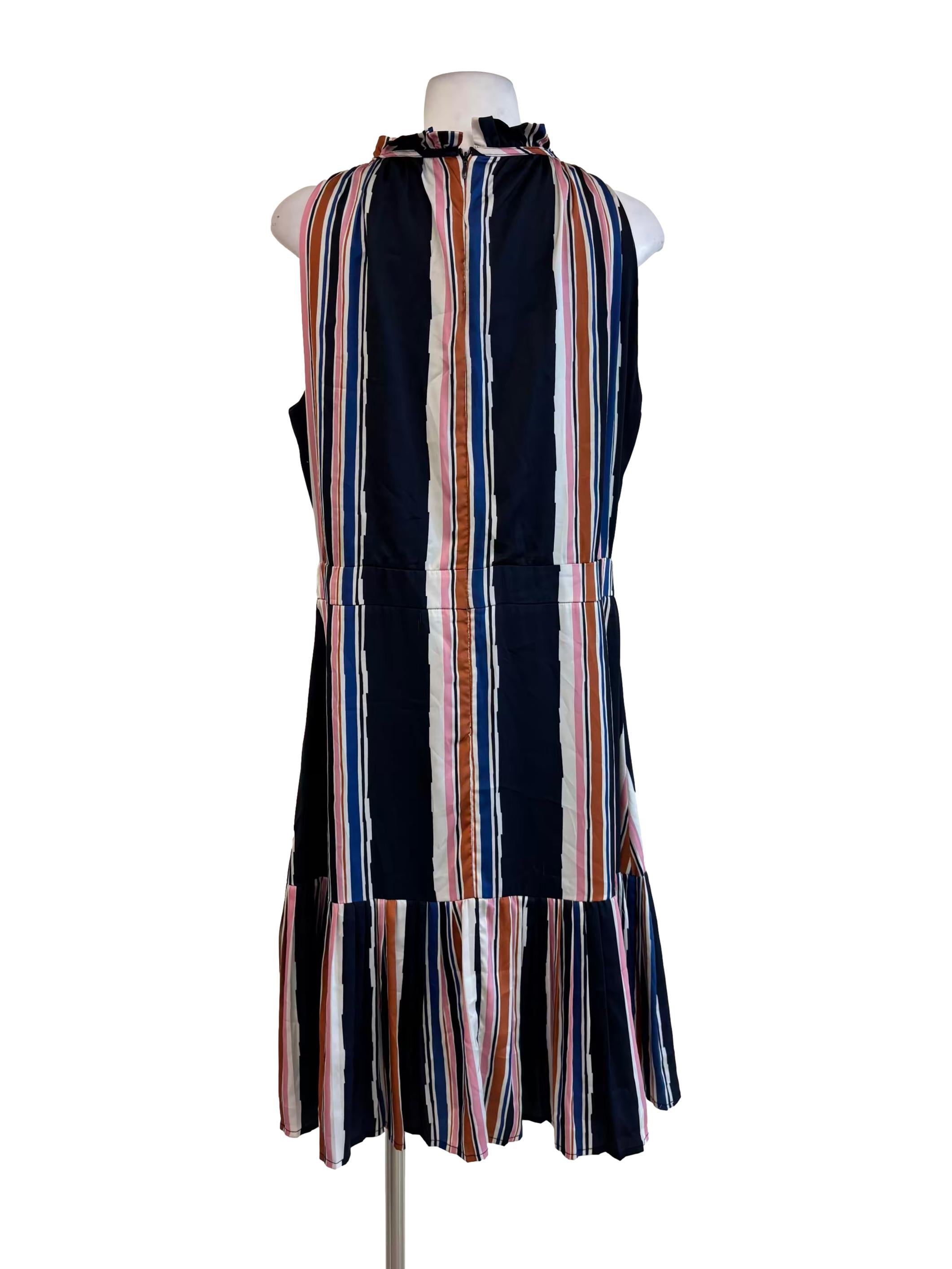 Navy Blue Colorful Striped Sleeveless Dress