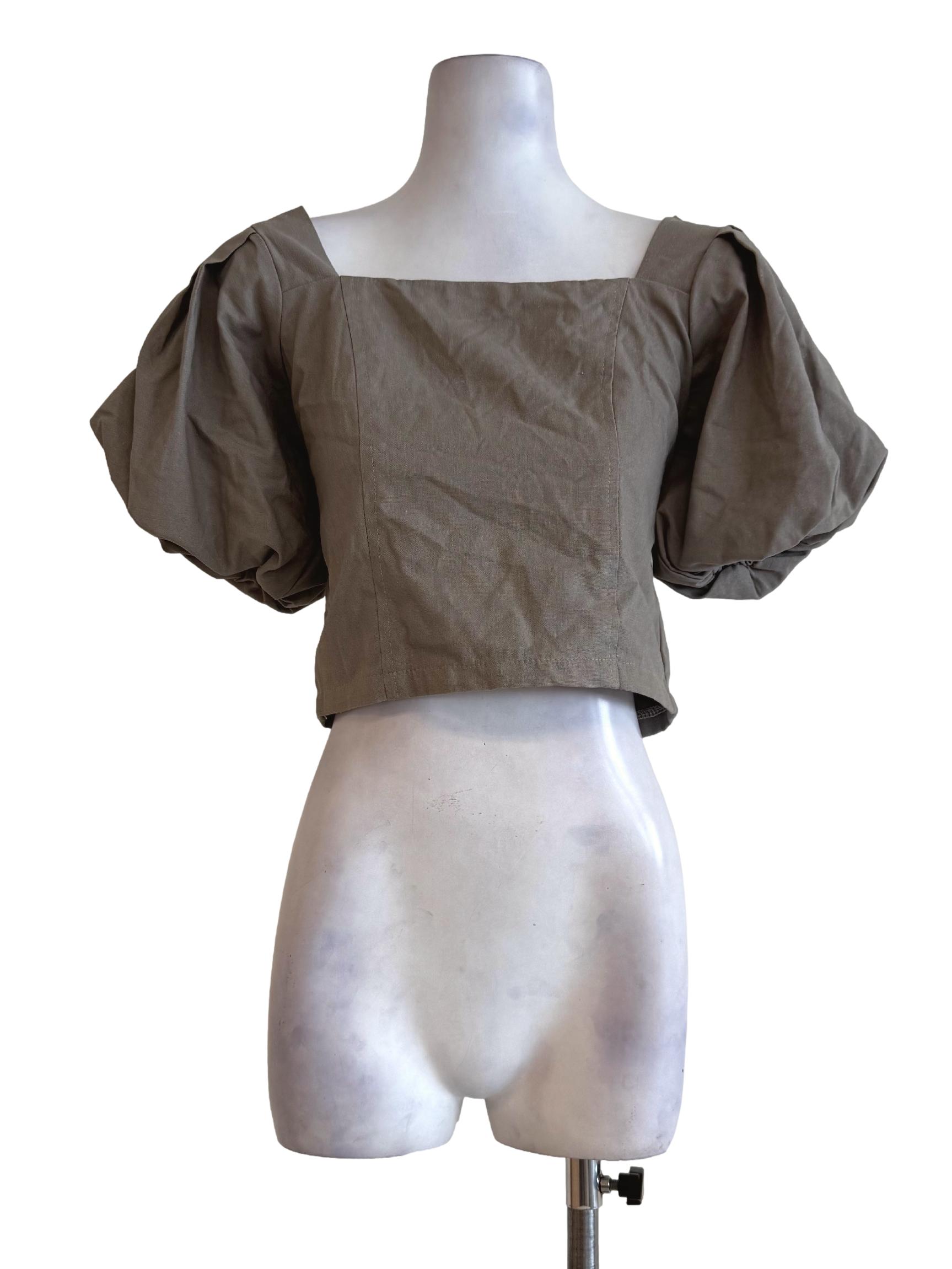 Khaki Brown Ballon Shoulder Top