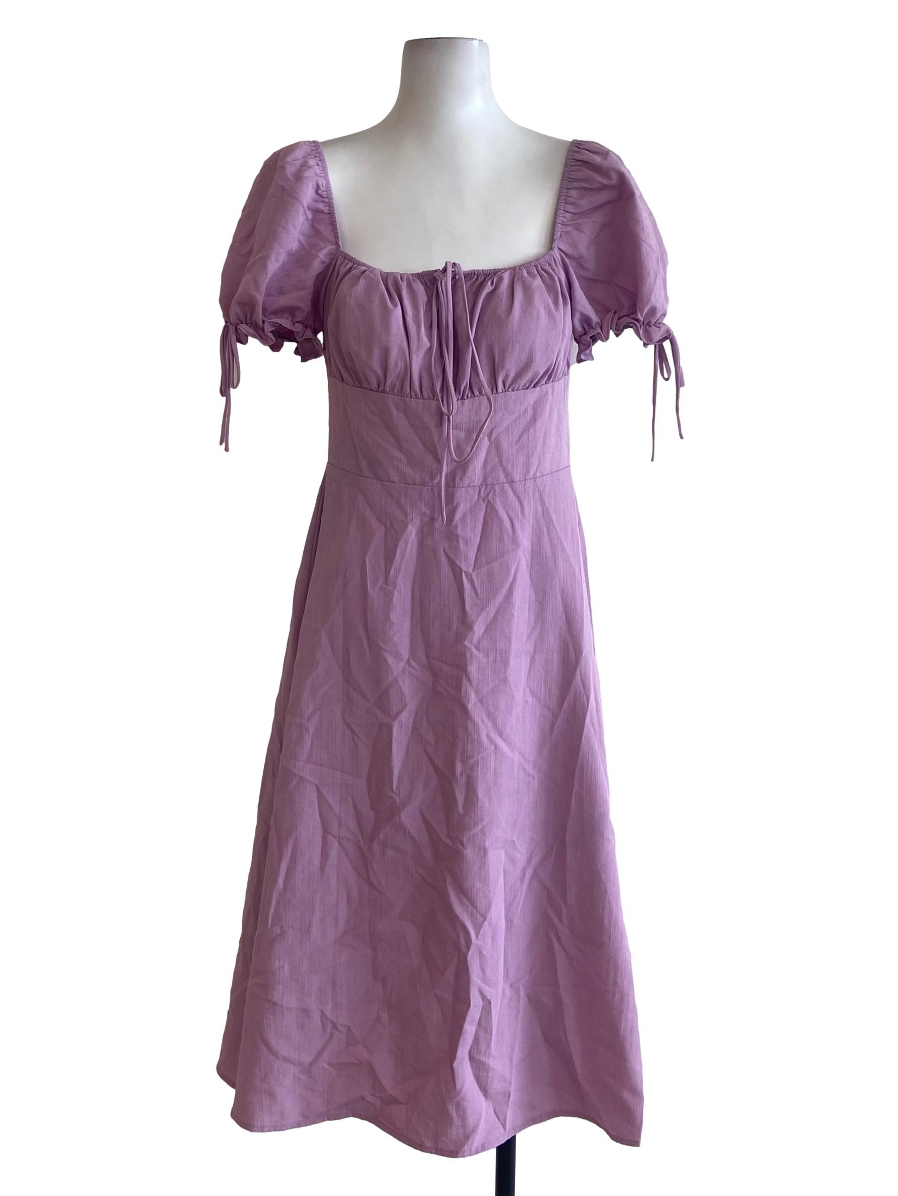 Heather Purple Square Neck A-Lined Dress Puffed Sleeve
