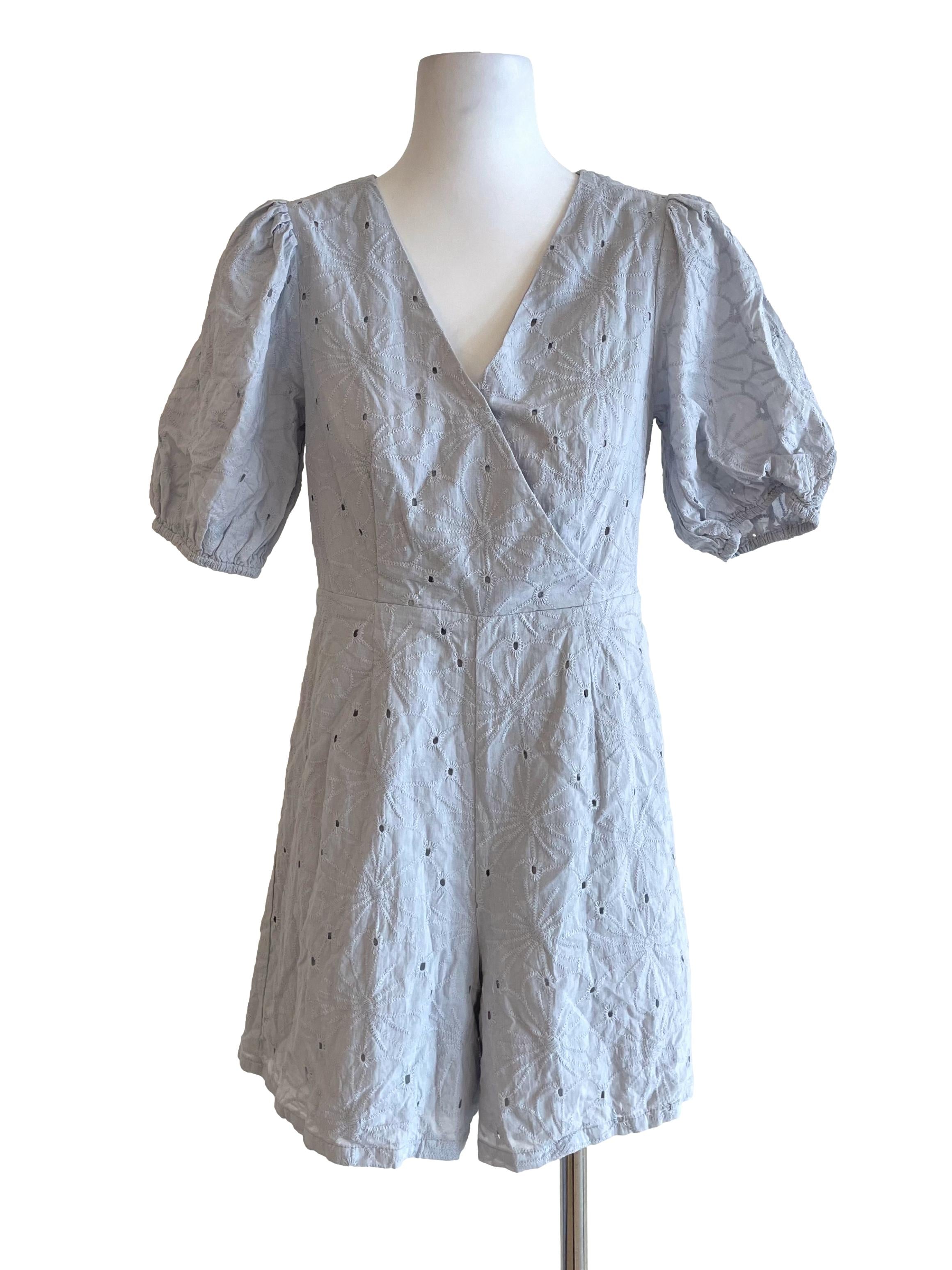 Dull Blue Eyelet V Neck Romper