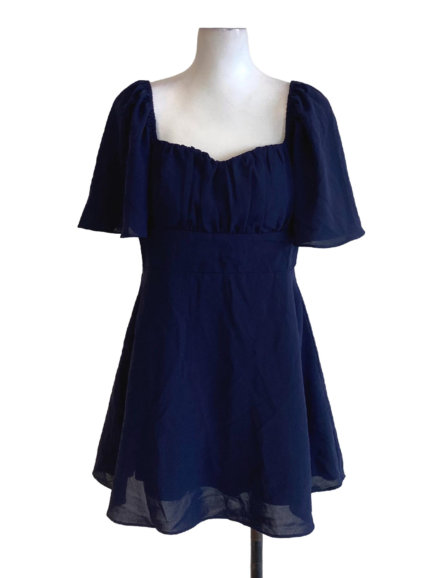 Navy Blue Square Sweetheart Neck Cape Sleeve A-Line Dress