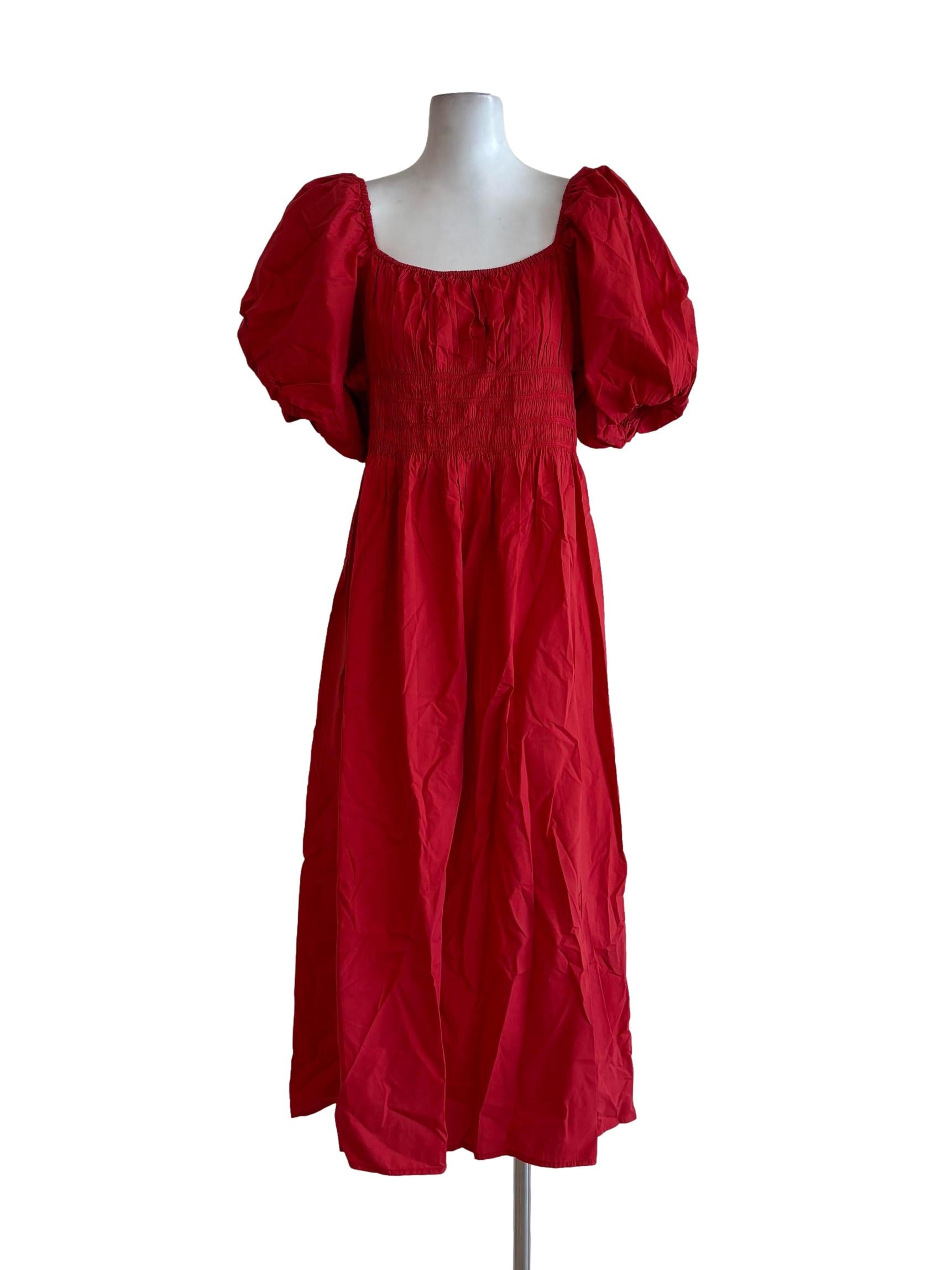 Red Puffy Scrunched Cotton Dress