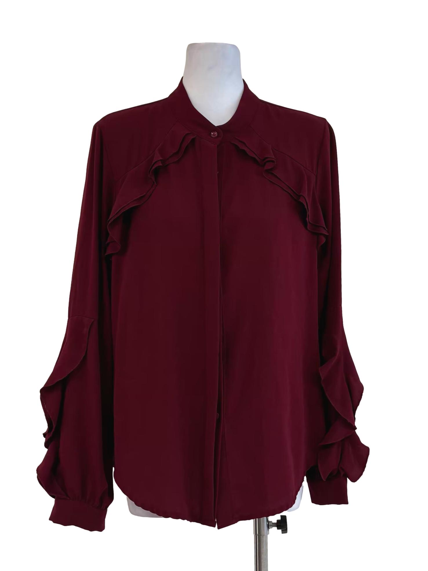 Maroon Ruffle Long Sleeve Blouse