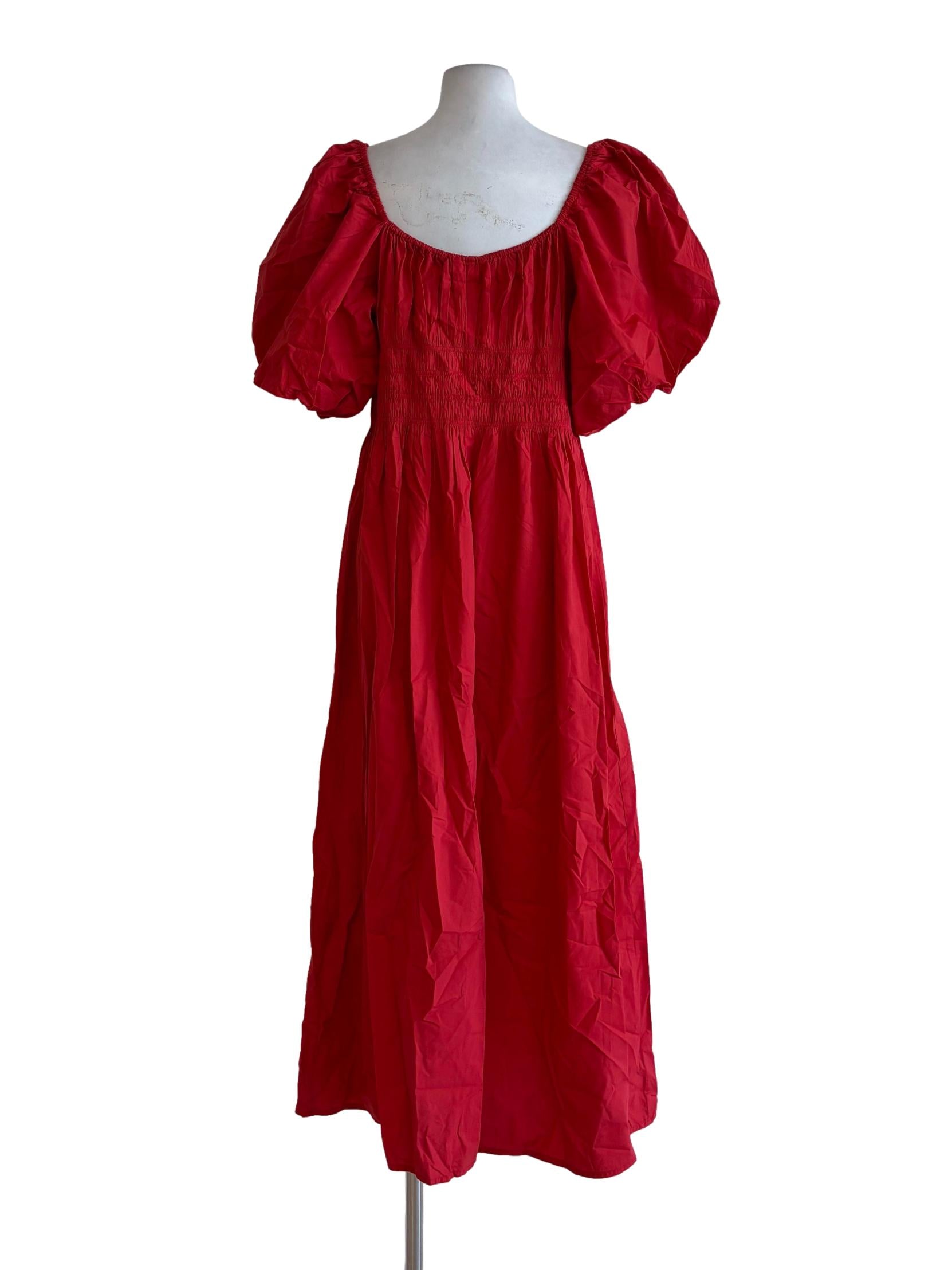 Red Puffy Scrunched Cotton Dress