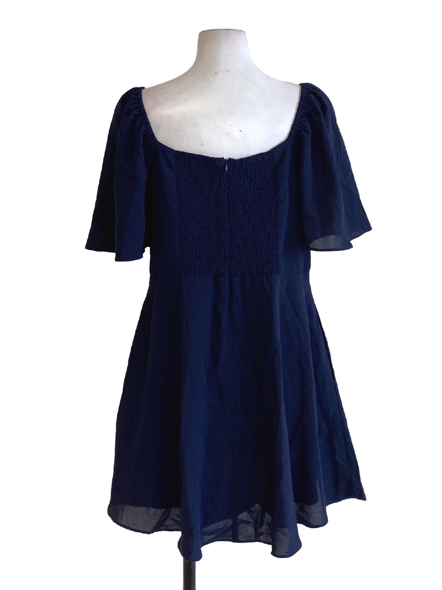 Navy Blue Square Sweetheart Neck Cape Sleeve A-Line Dress