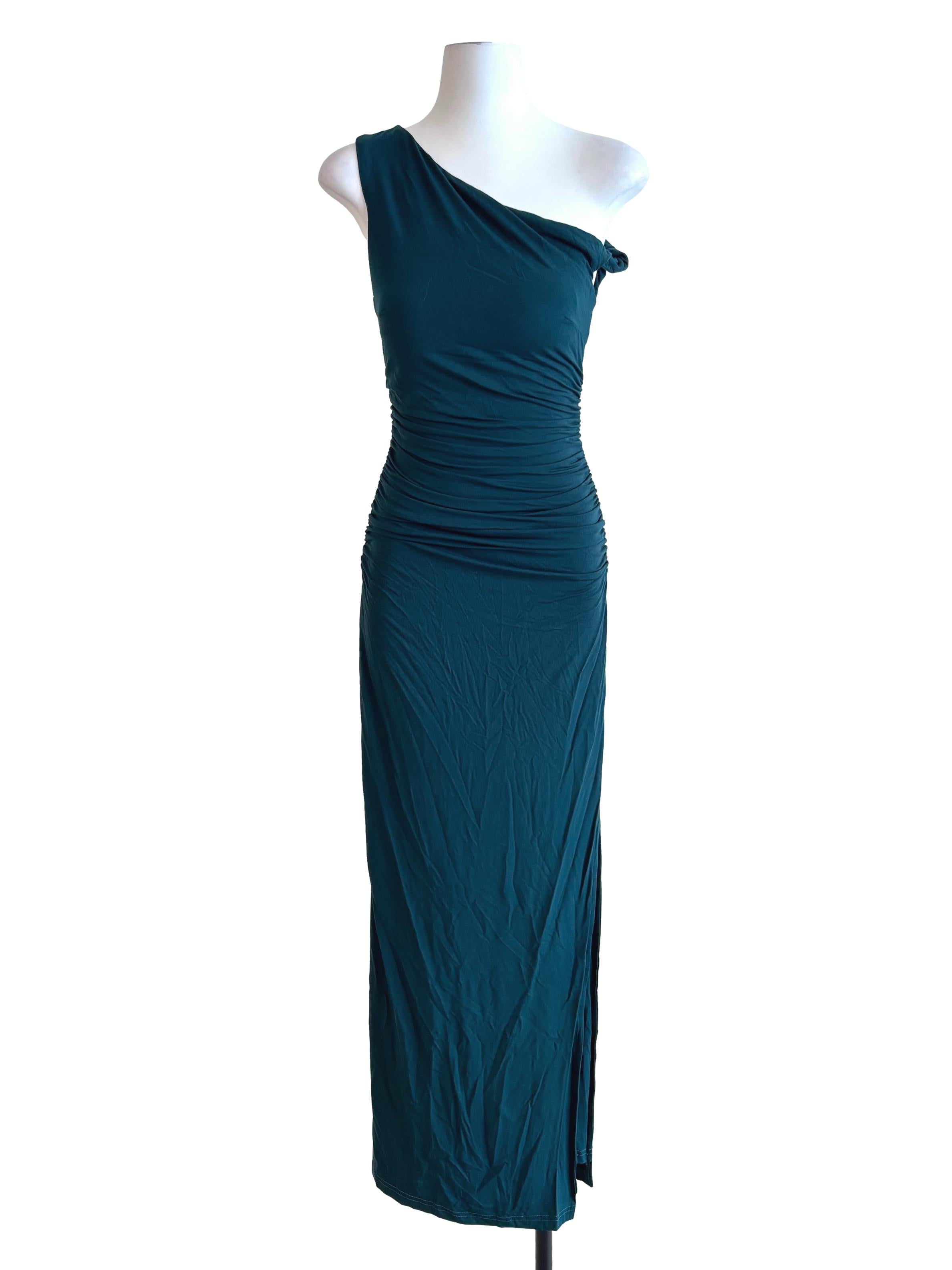 Emerald Green Asymmetric Neckline Fitted Dress