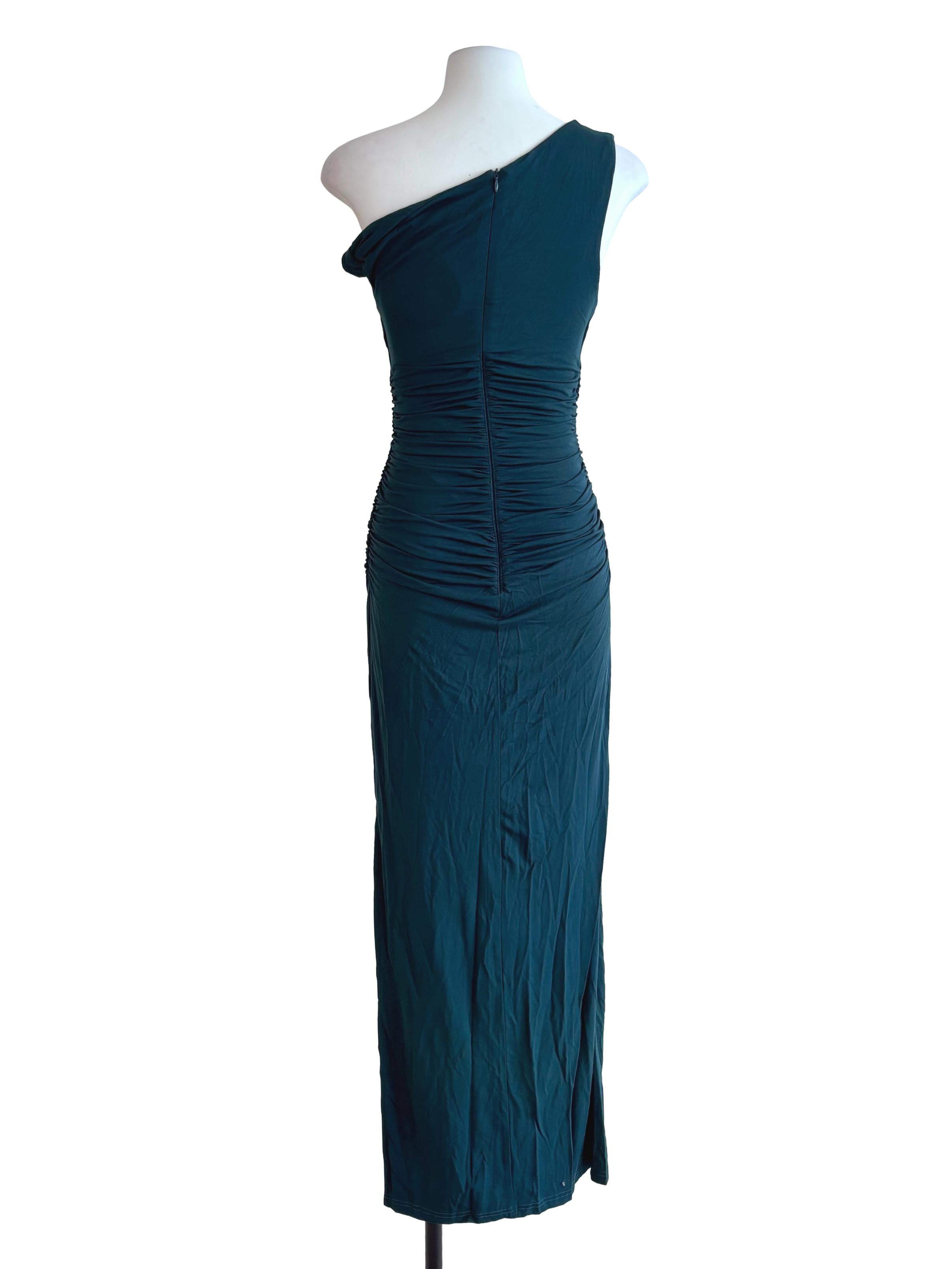 Emerald Green Asymmetric Neckline Fitted Dress