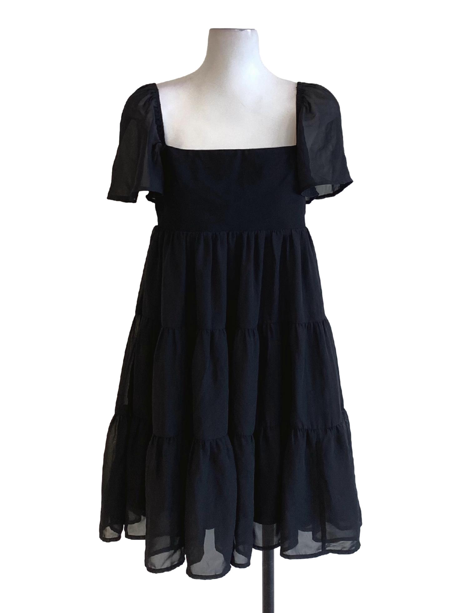 Jade Black Mesh Sleeve Layered A-Line Dress