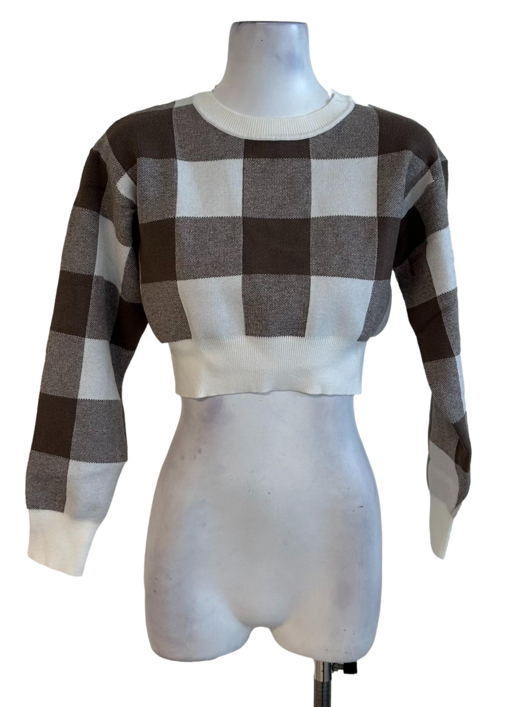 Mocha Brown Plaid Pattern Knit Crop Top