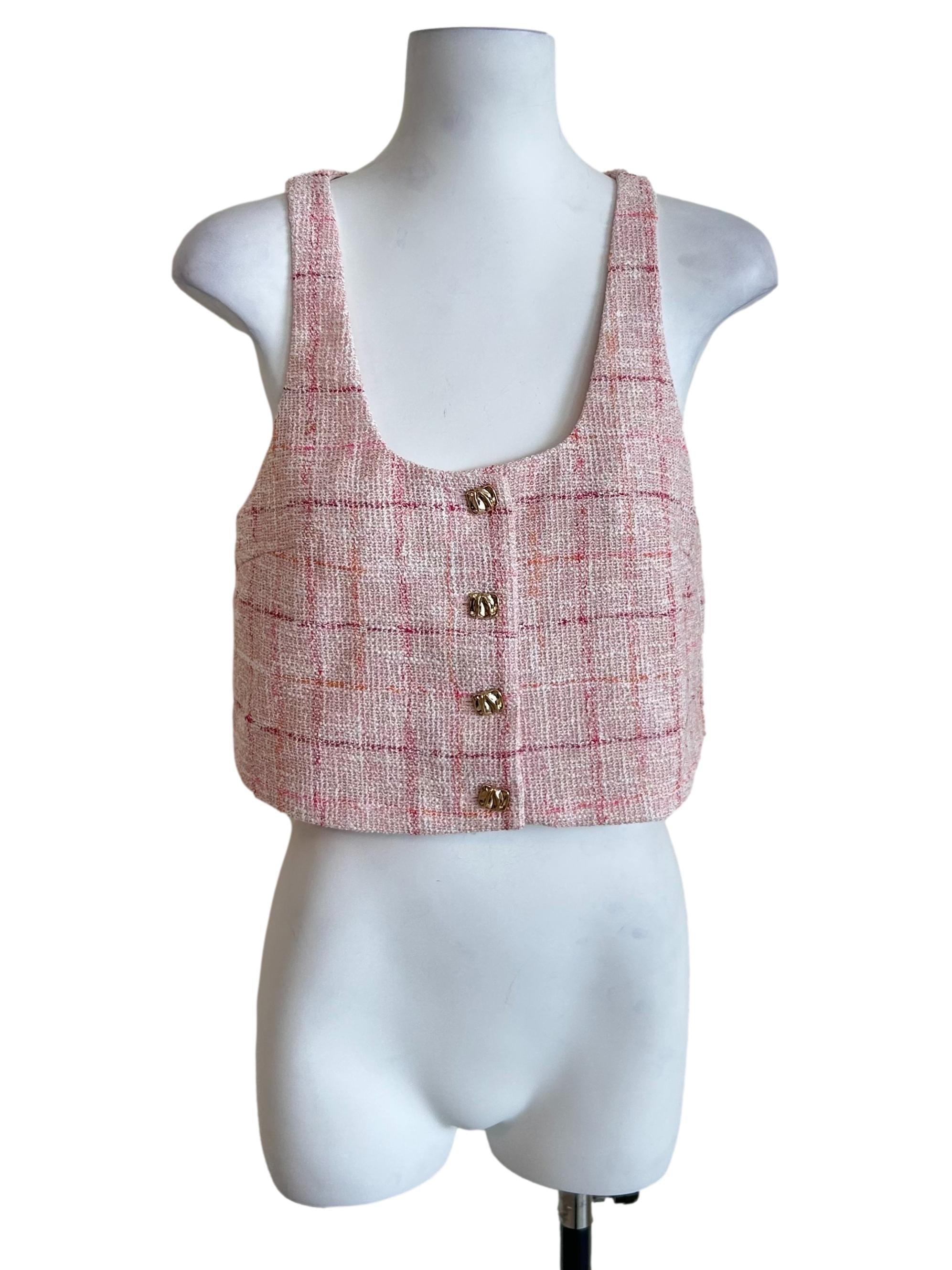 Blush Pink Plaid Cropped Tweed Vest