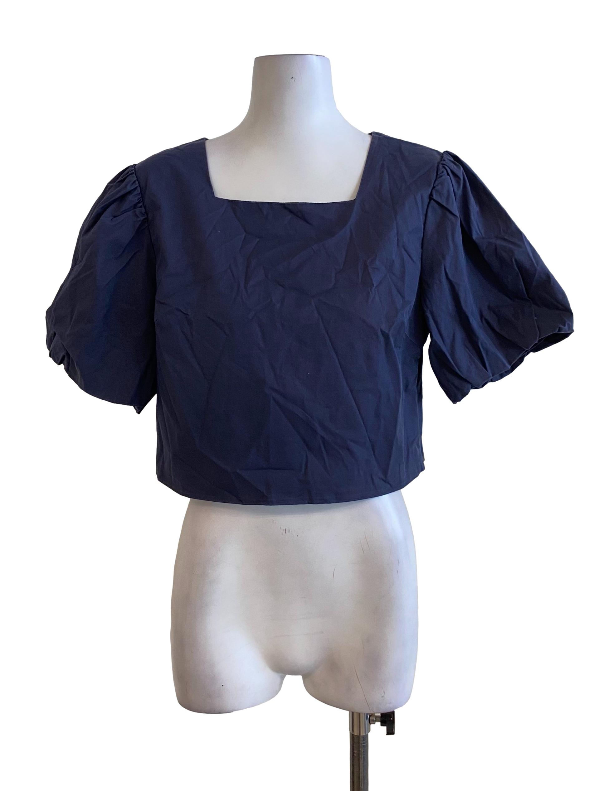 Navy Blue Plain Juliet Sleeved Cropped Top