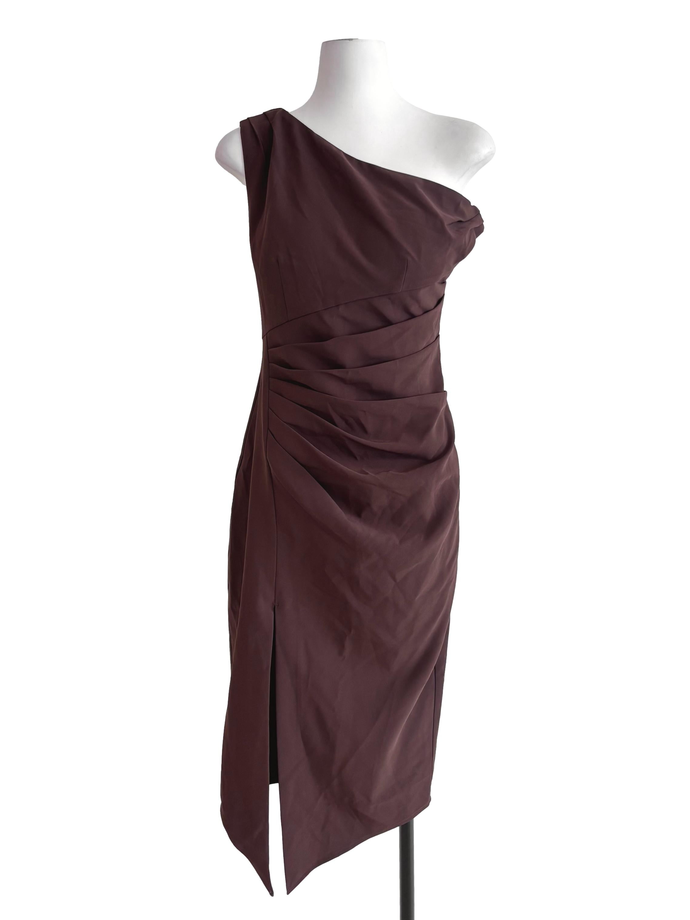 Brown Asymmetric Neckline Pleated Dress