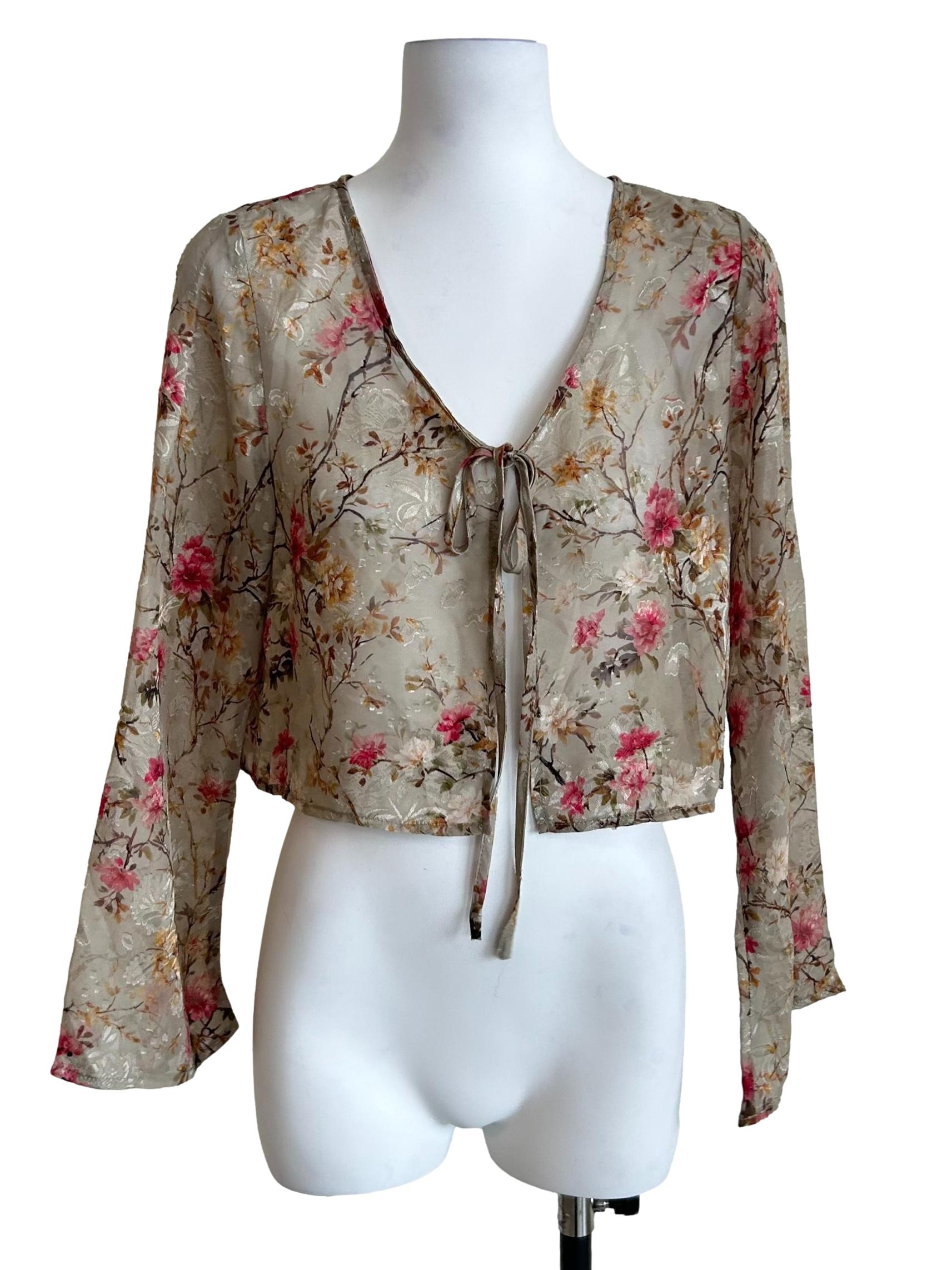Sage Green Floral Tie Front Sheer Blouse
