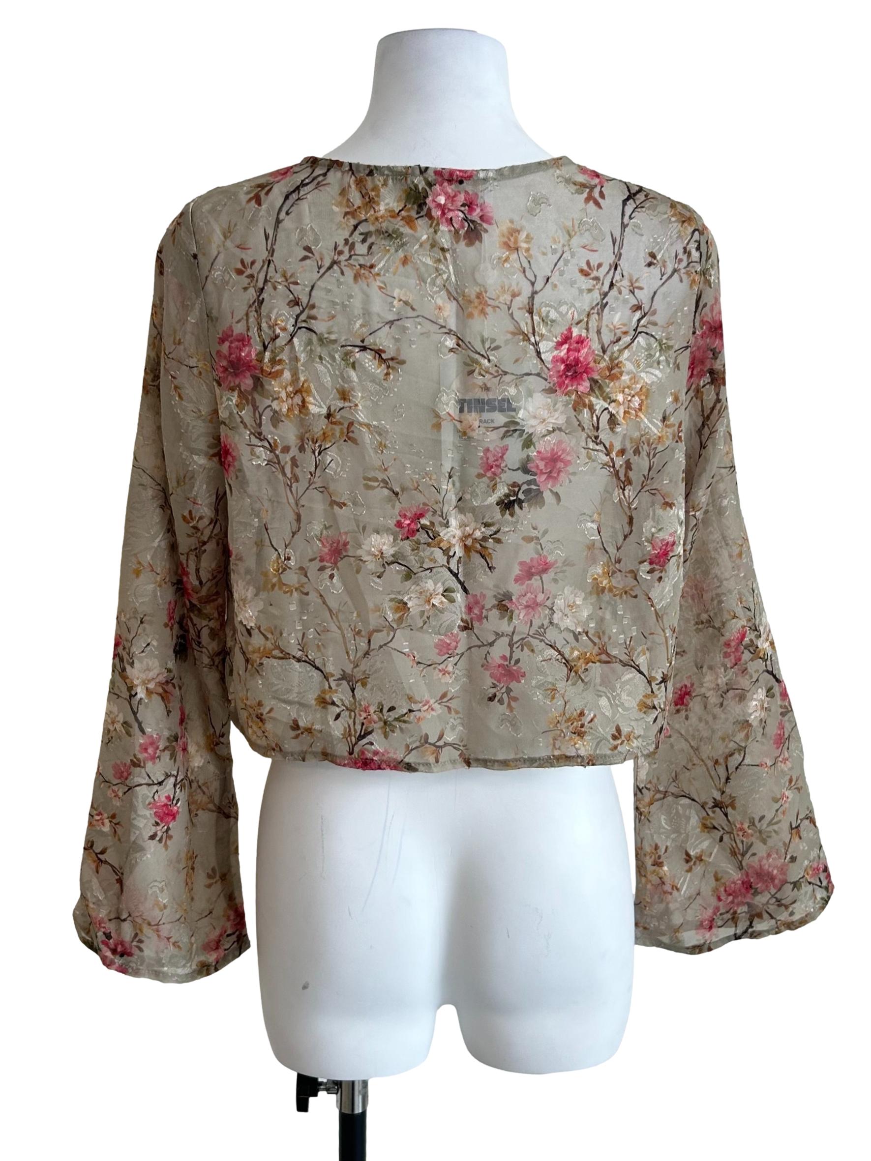 Sage Green Floral Tie Front Sheer Blouse