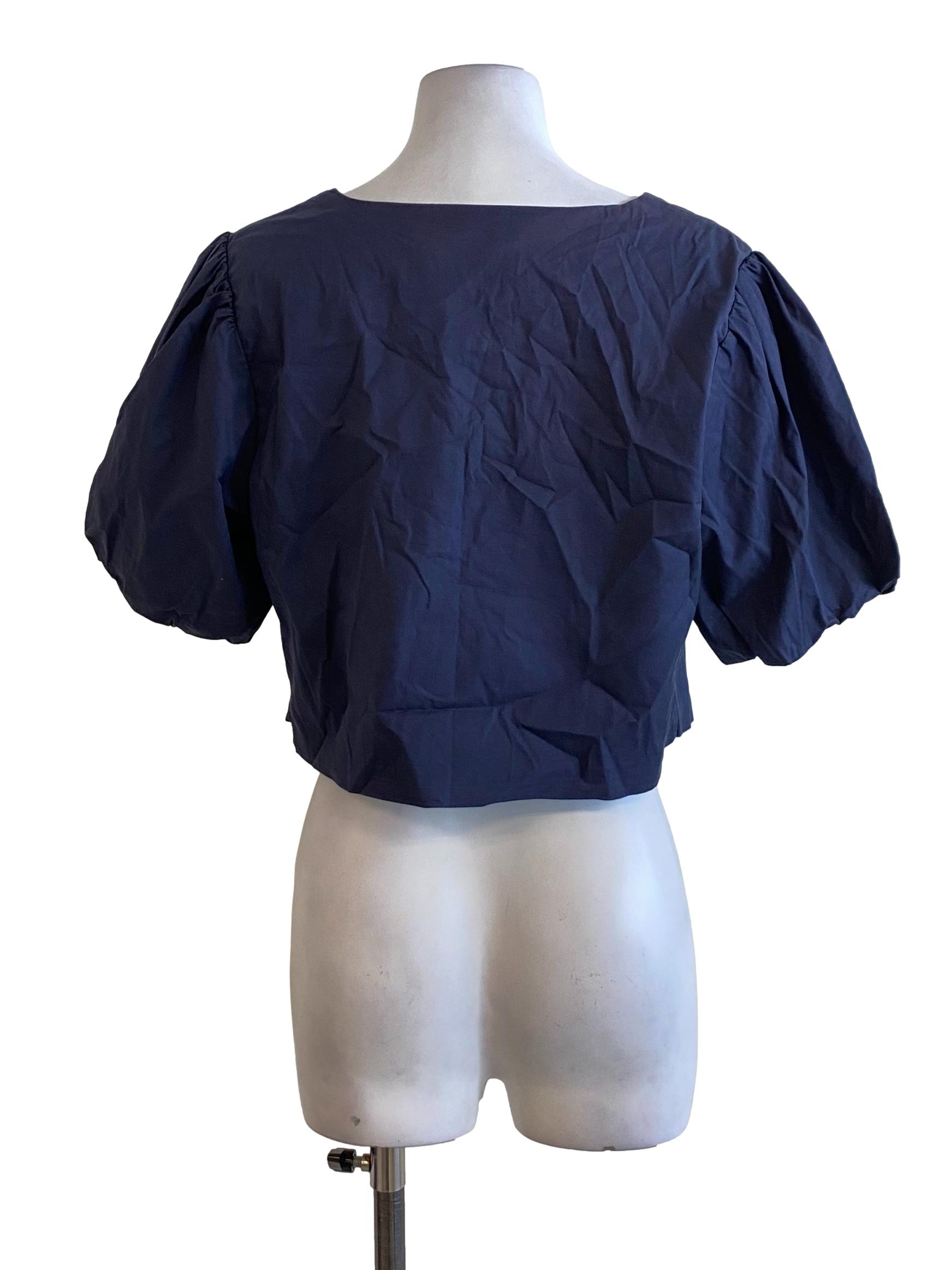 Navy Blue Plain Juliet Sleeved Cropped Top