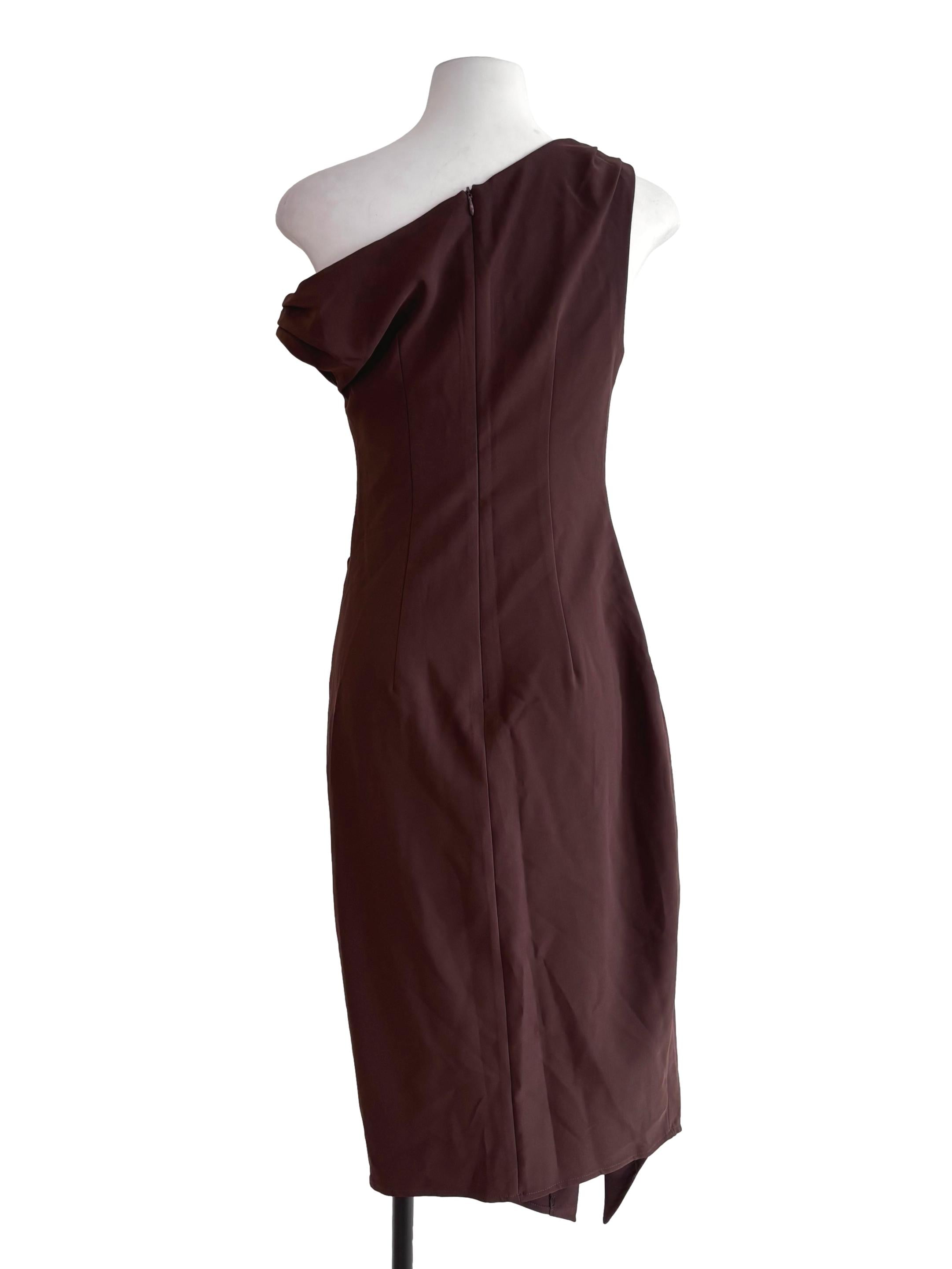 Brown Asymmetric Neckline Pleated Dress