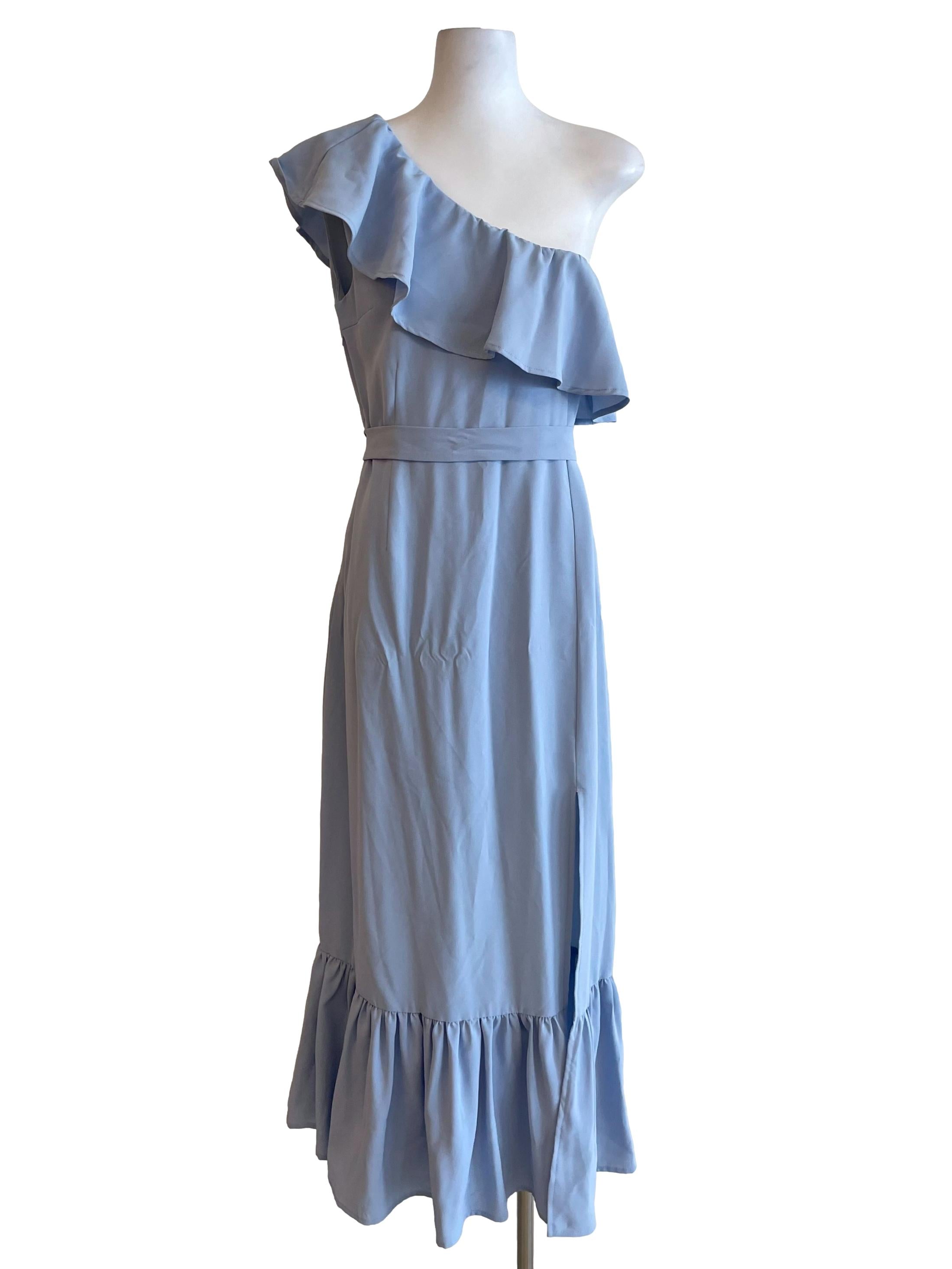 Light Blue Asymmetric Ruffle Slip Dress