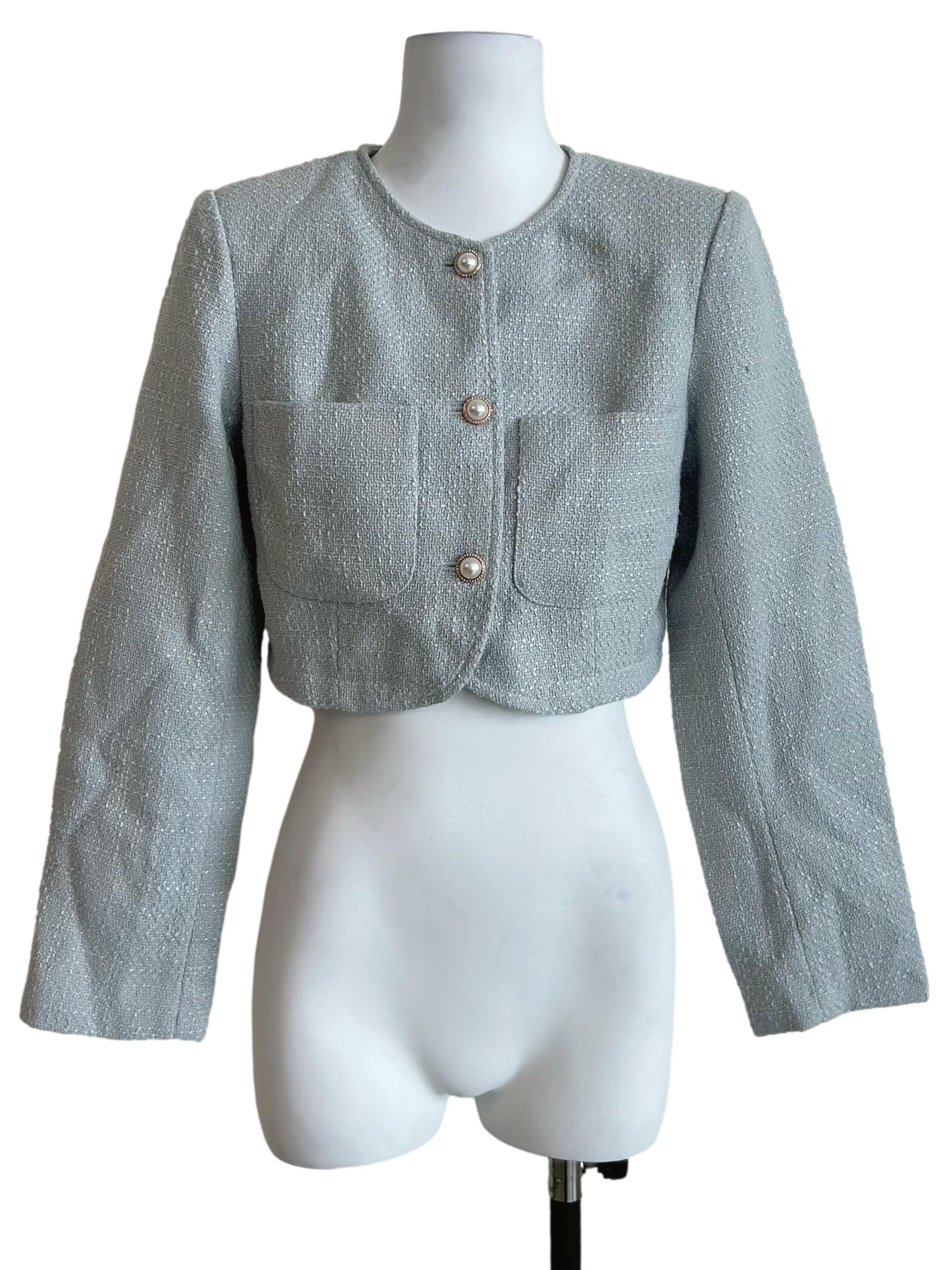 Stone Blue Cropped Tweed Jacket