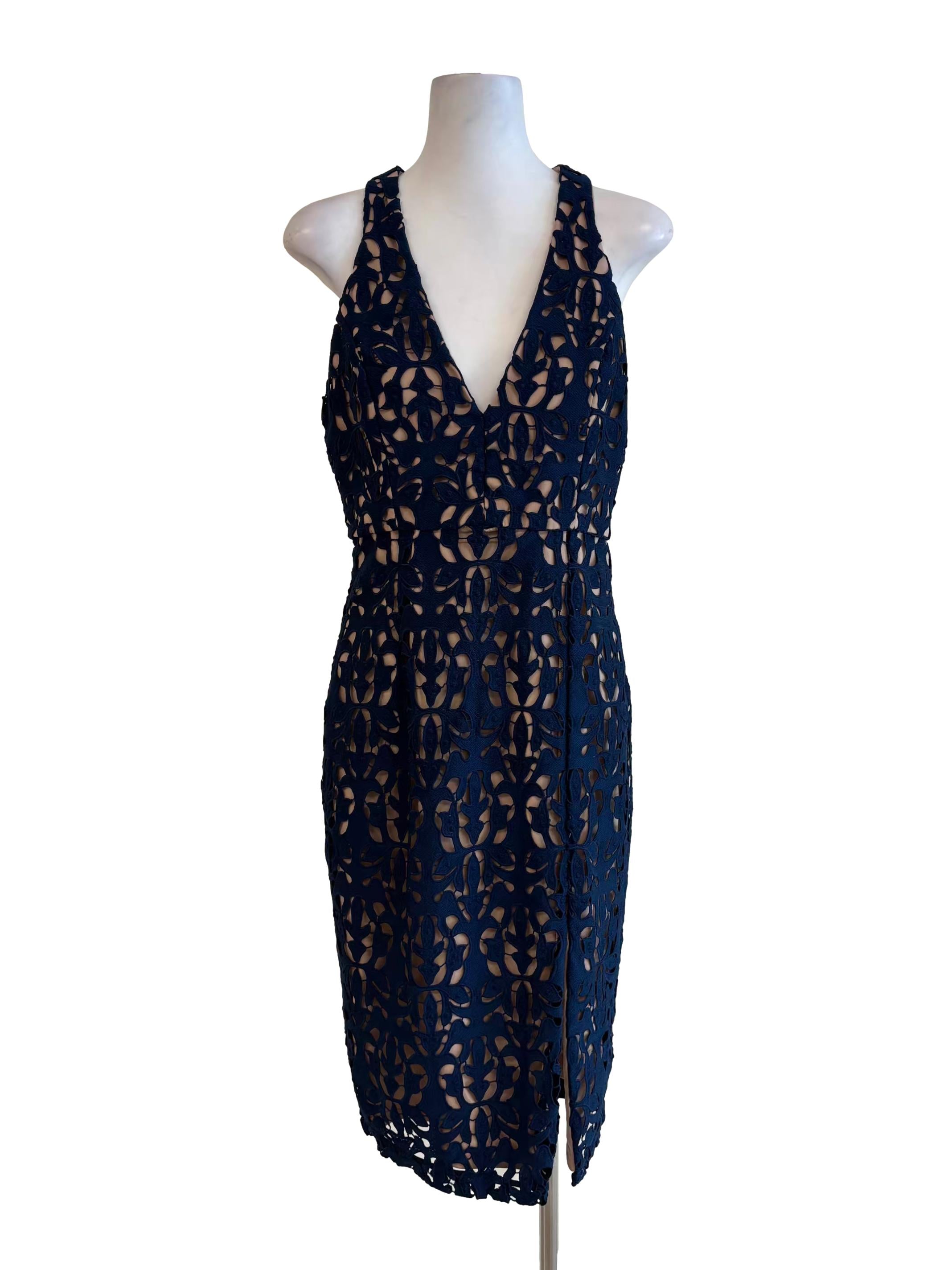 Navy Blue Plunged Neck Pencil Dress