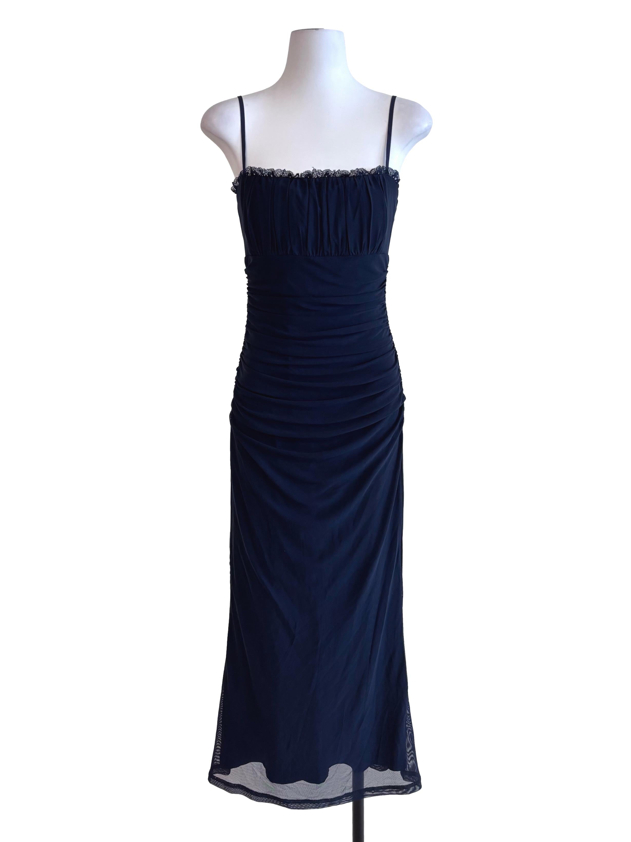 Navy Blue Lace Detail Drape Mesh Dress