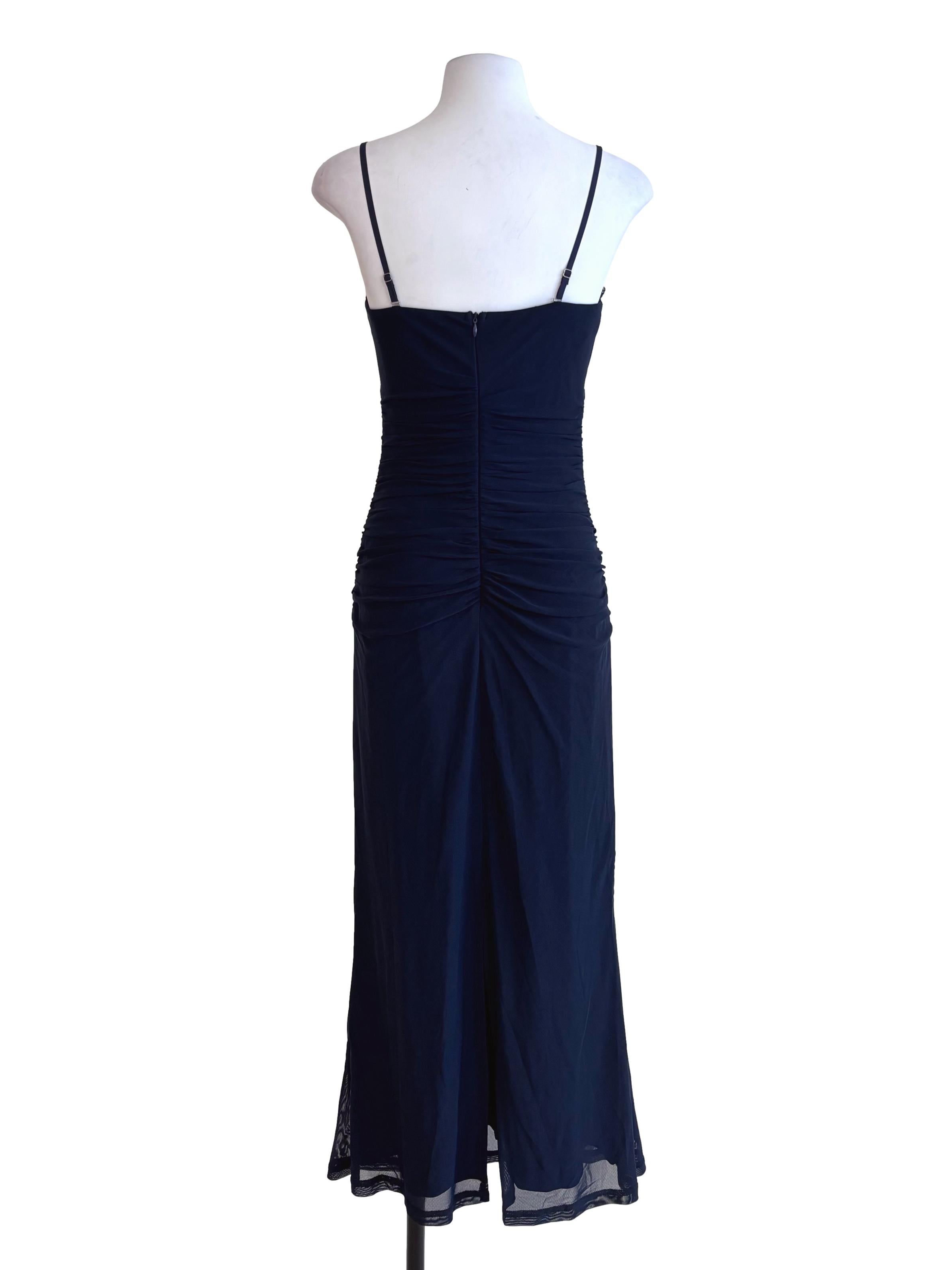 Navy Blue Lace Detail Drape Mesh Dress