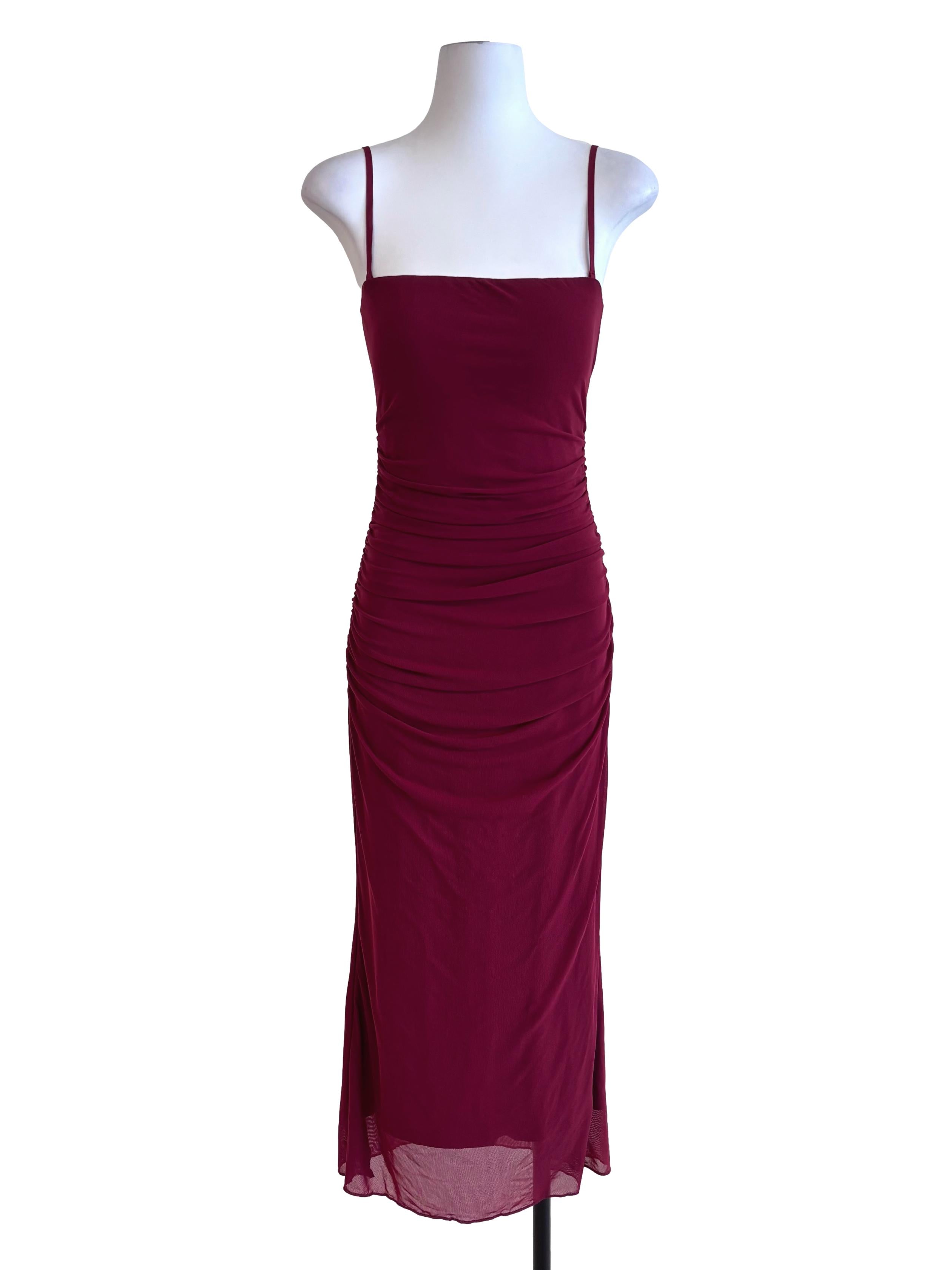 Maroon Red Mesh Drape Dress