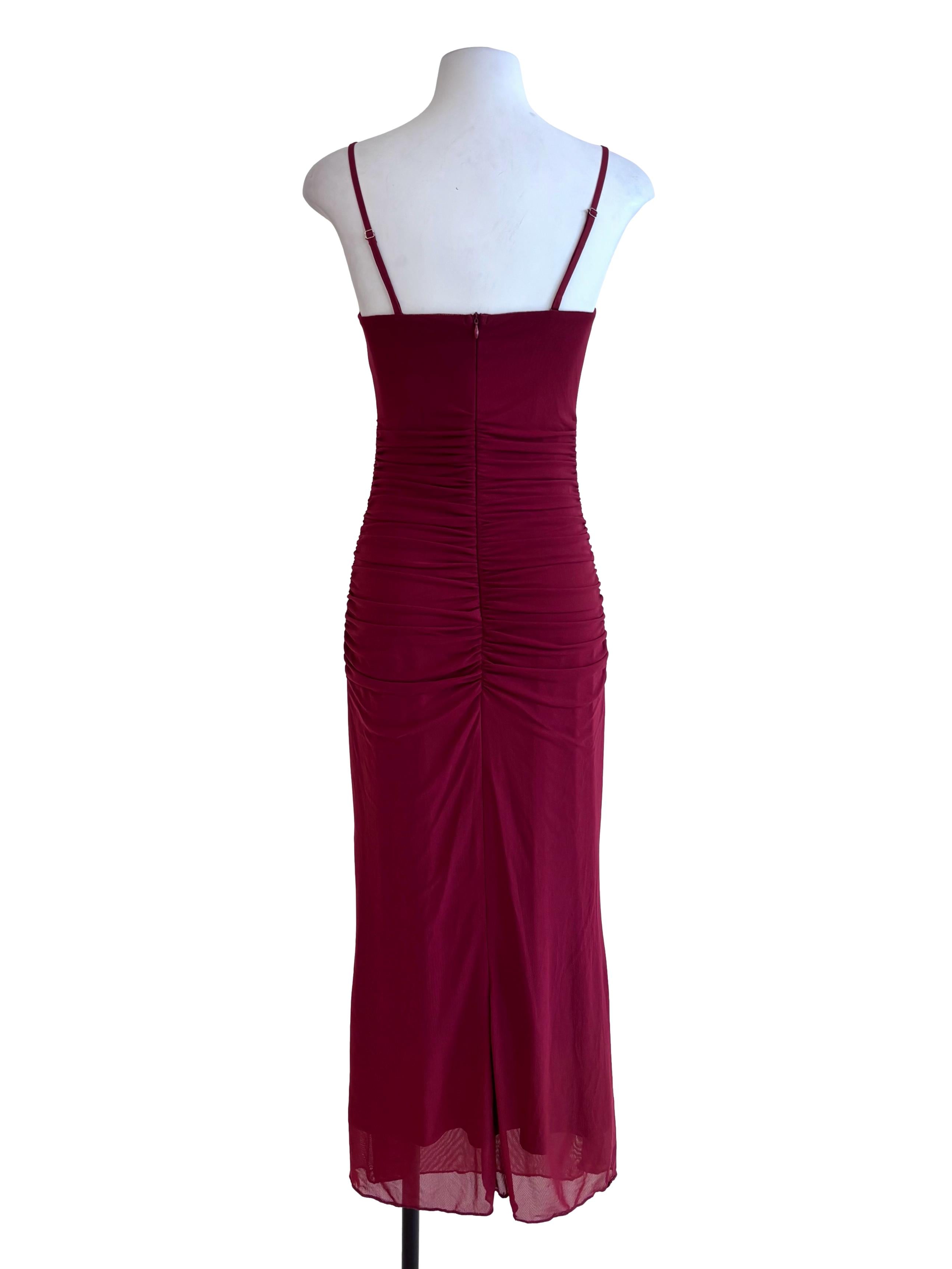 Maroon Red Mesh Drape Dress