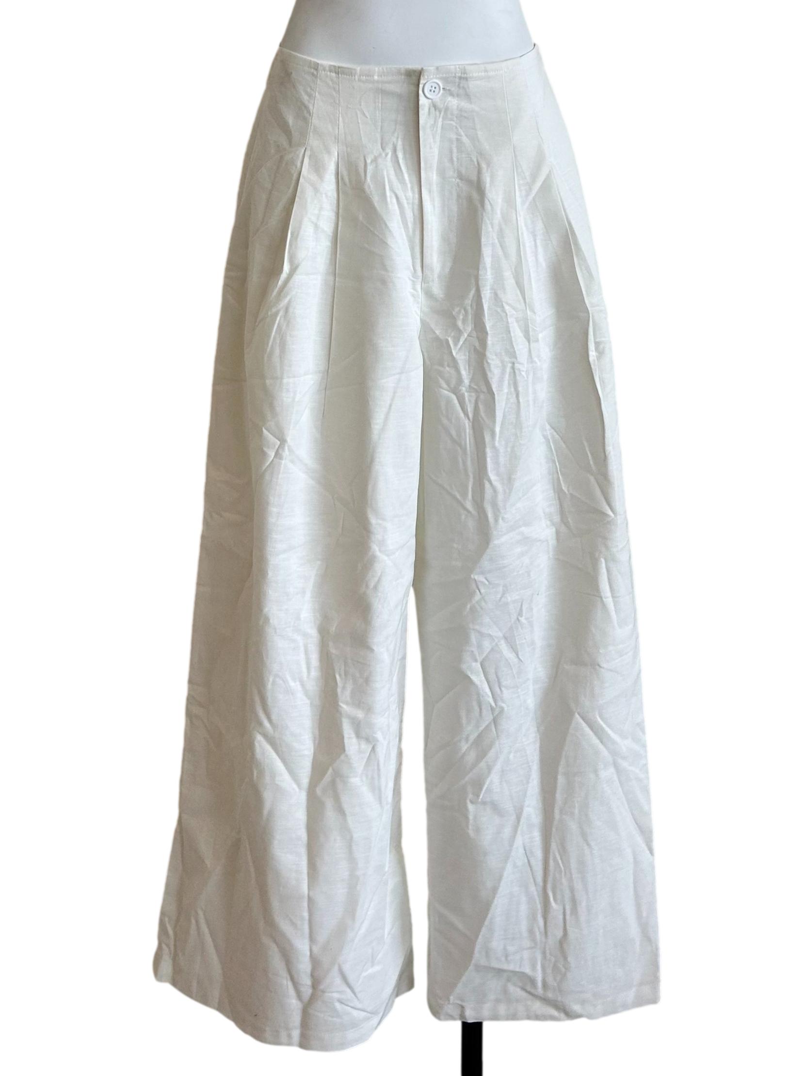 White Pleated Wide Leg Linen Trousers