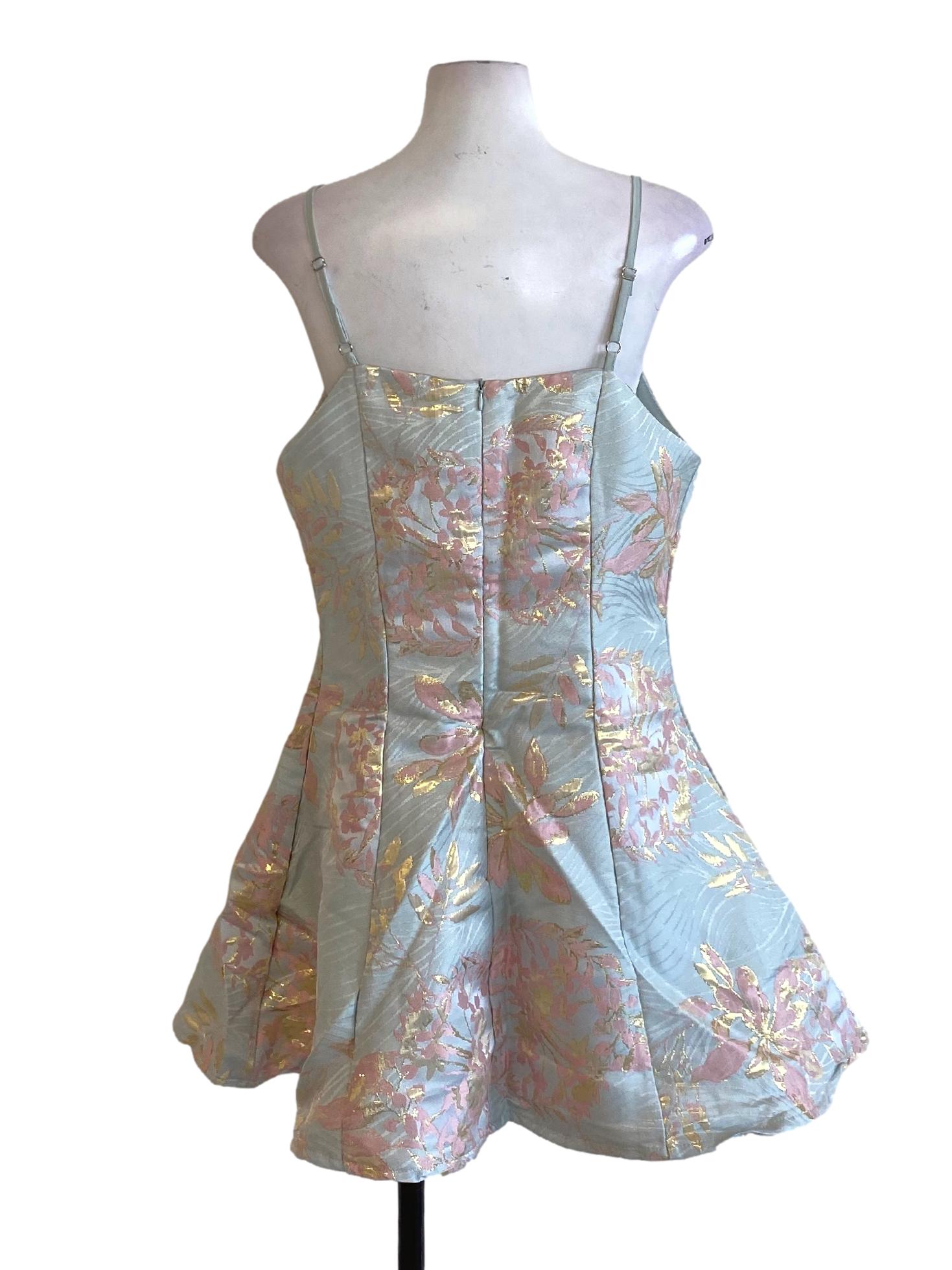 Pistachio Green Floral Textured Square Neck Sheath A-Line Dress