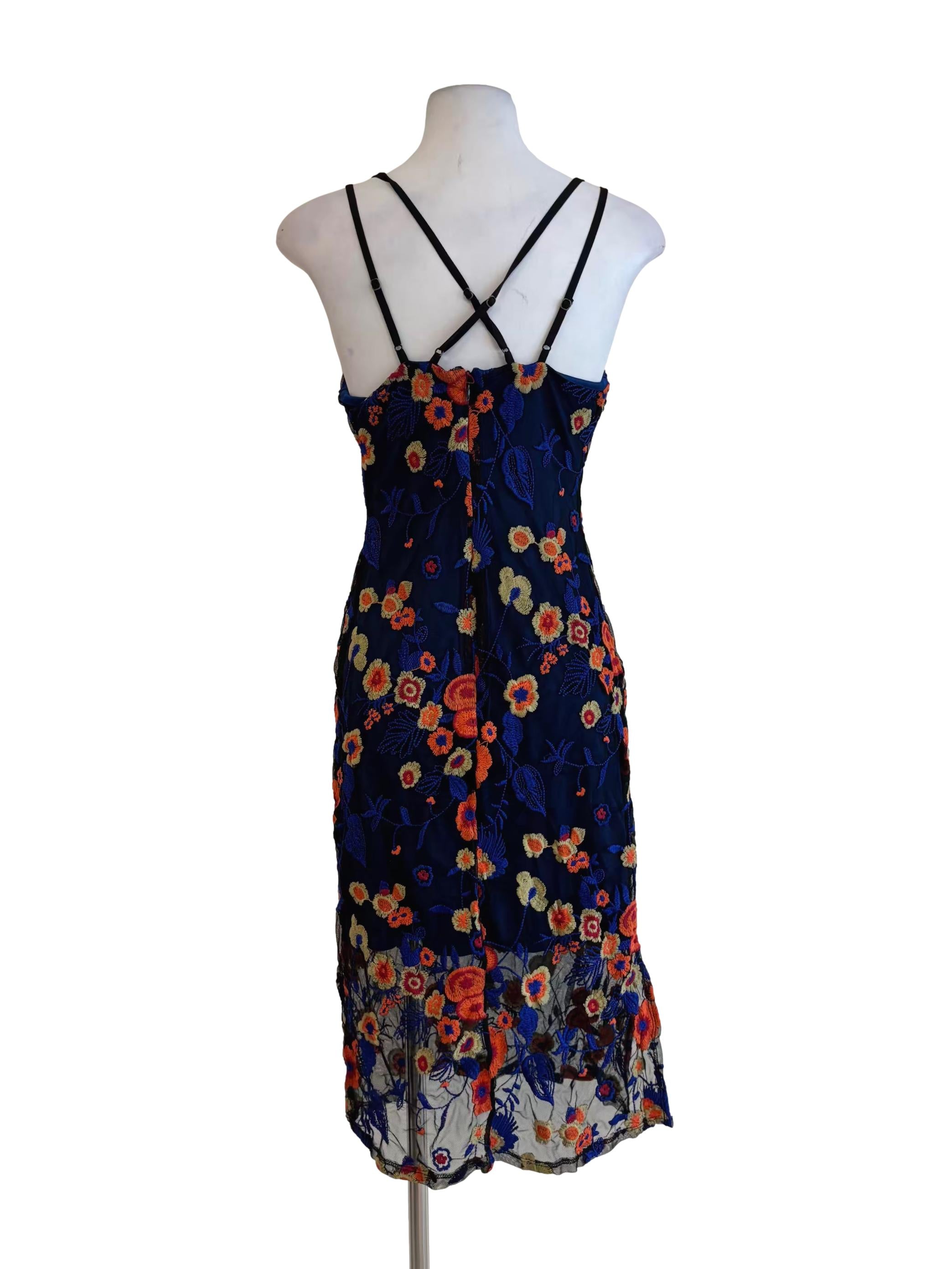 Midnight Blue Multicolor Floral Lace Dress