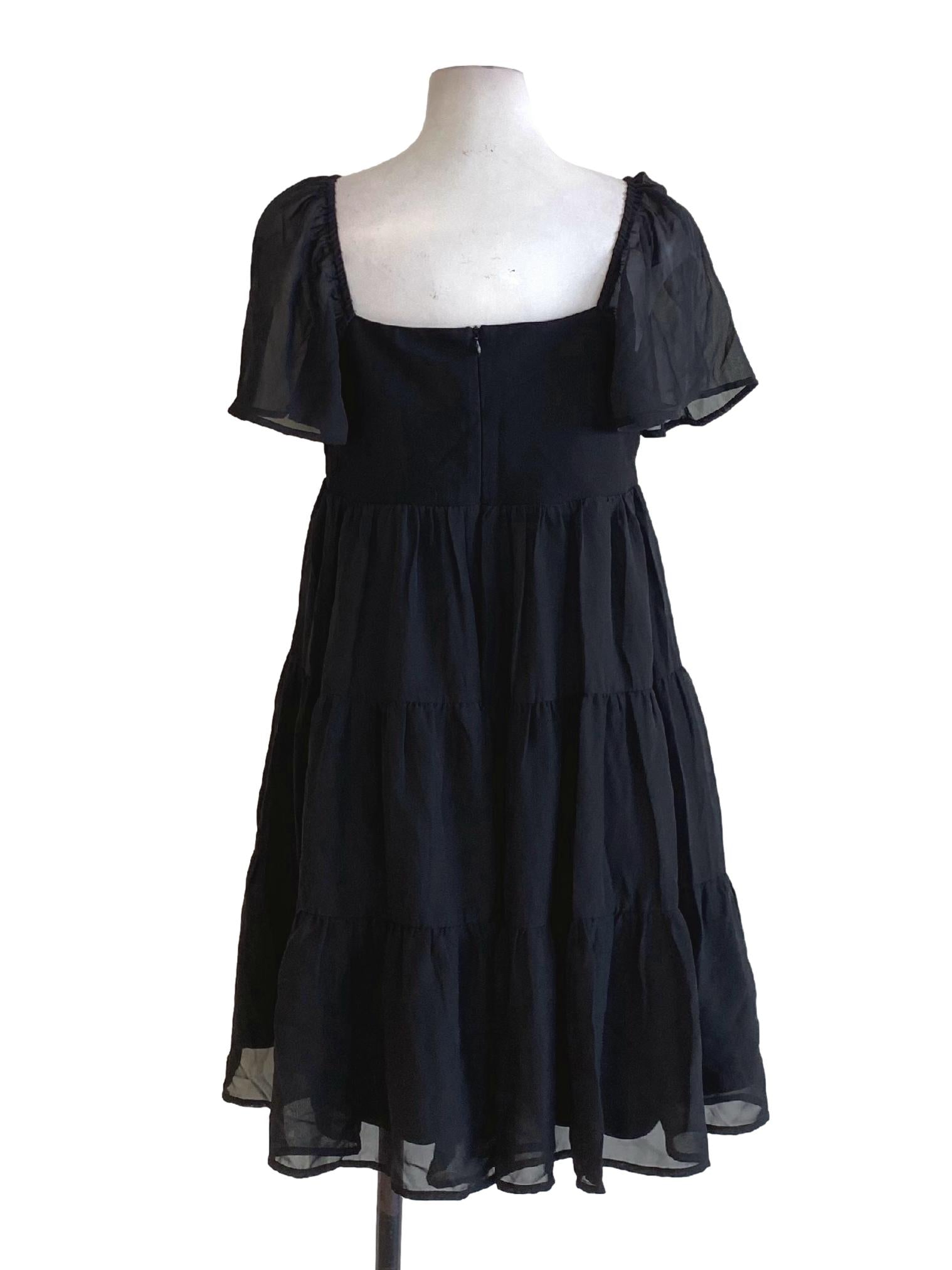 Rich Black Mesh Sleeve Square Neck Layered Dress