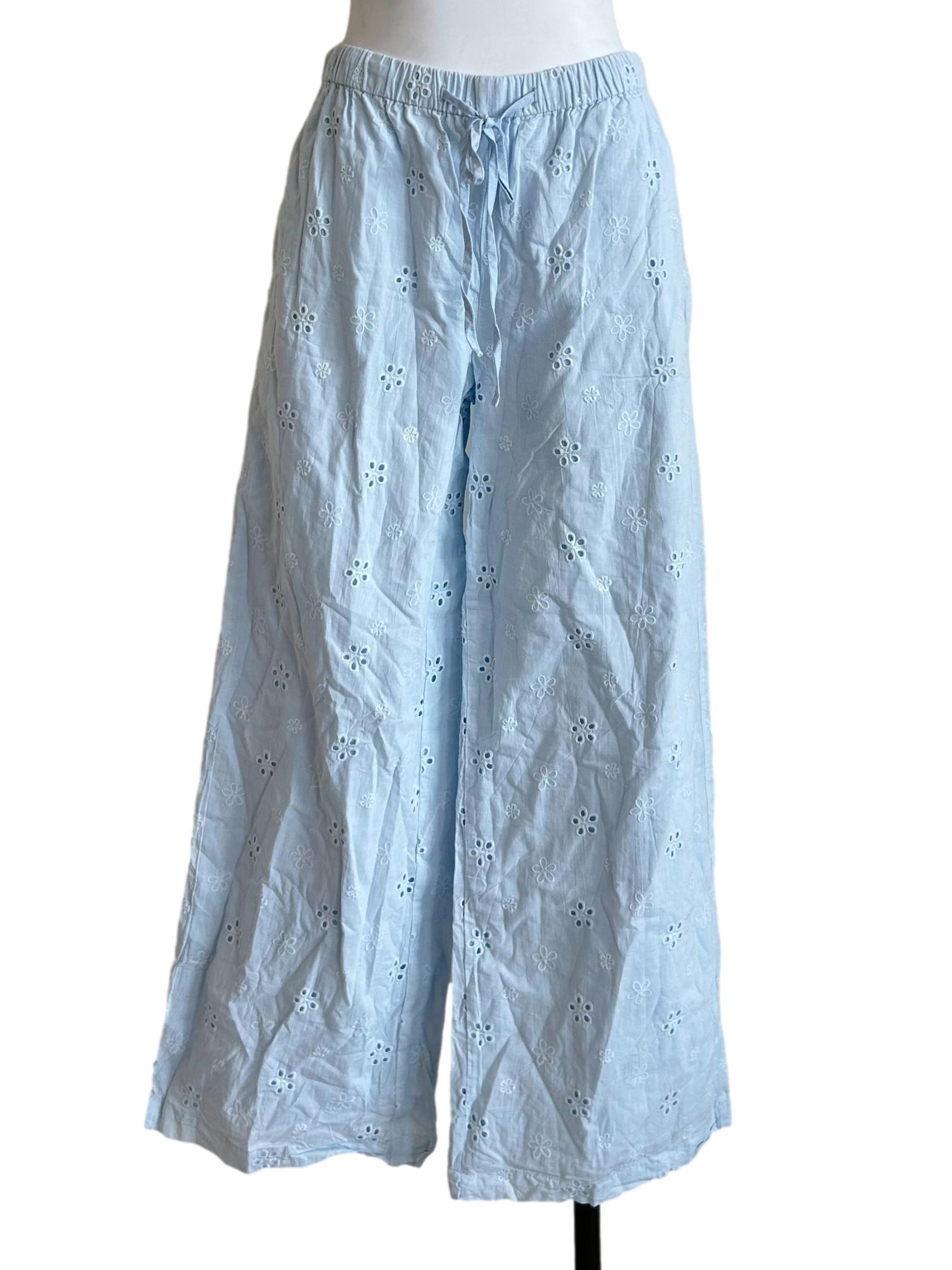 Baby Blue Eyelet Embroidered Culotte Pants