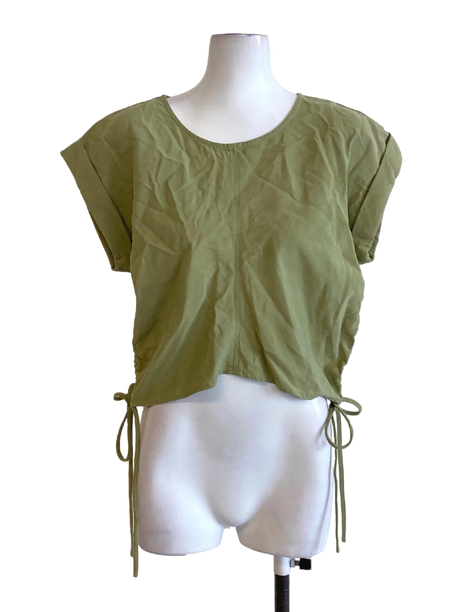 Olive Green Round Neck Roll Up Sleeve Cropped Shirt LB