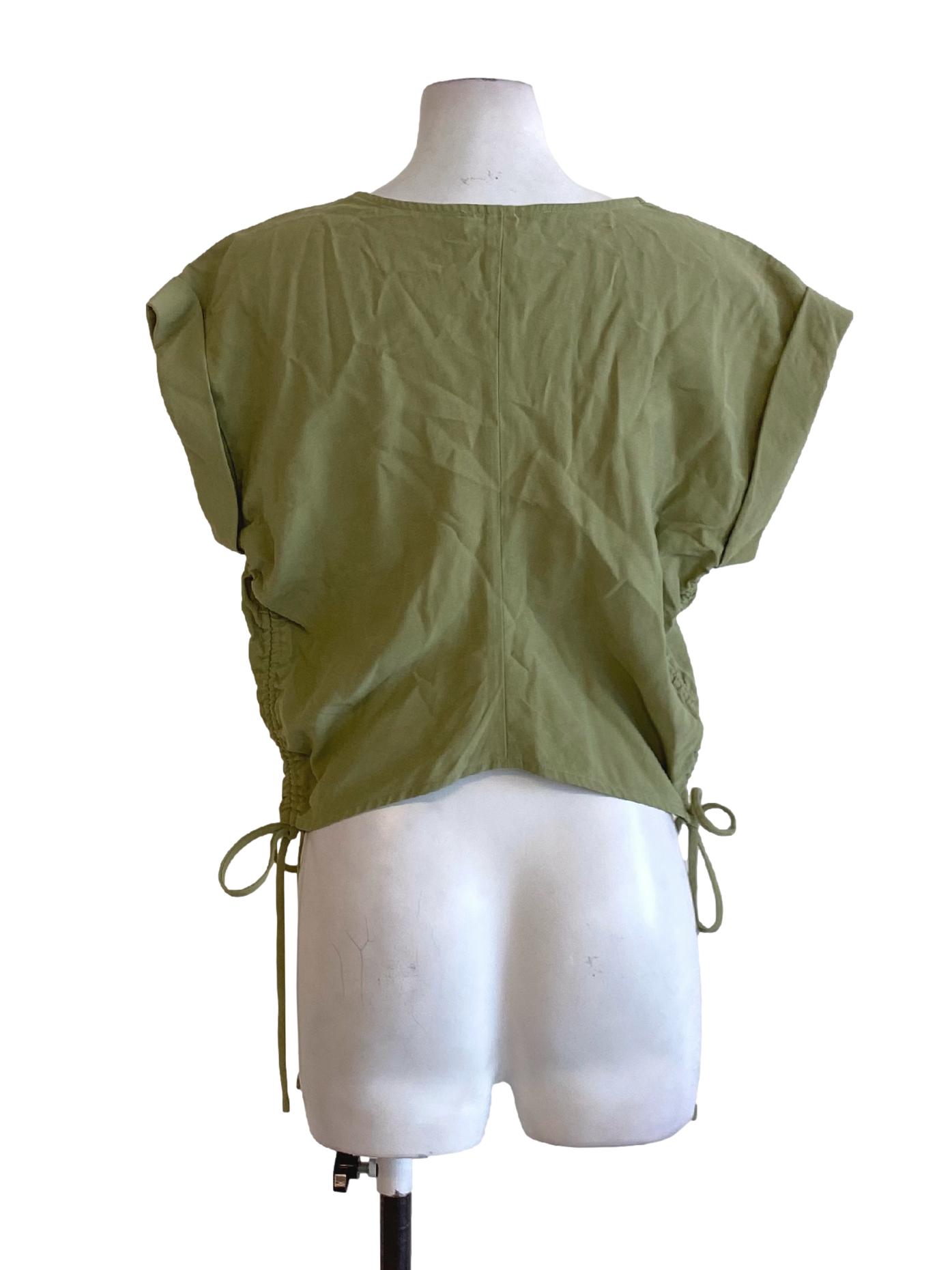Olive Green Round Neck Roll Up Sleeve Cropped Shirt LB