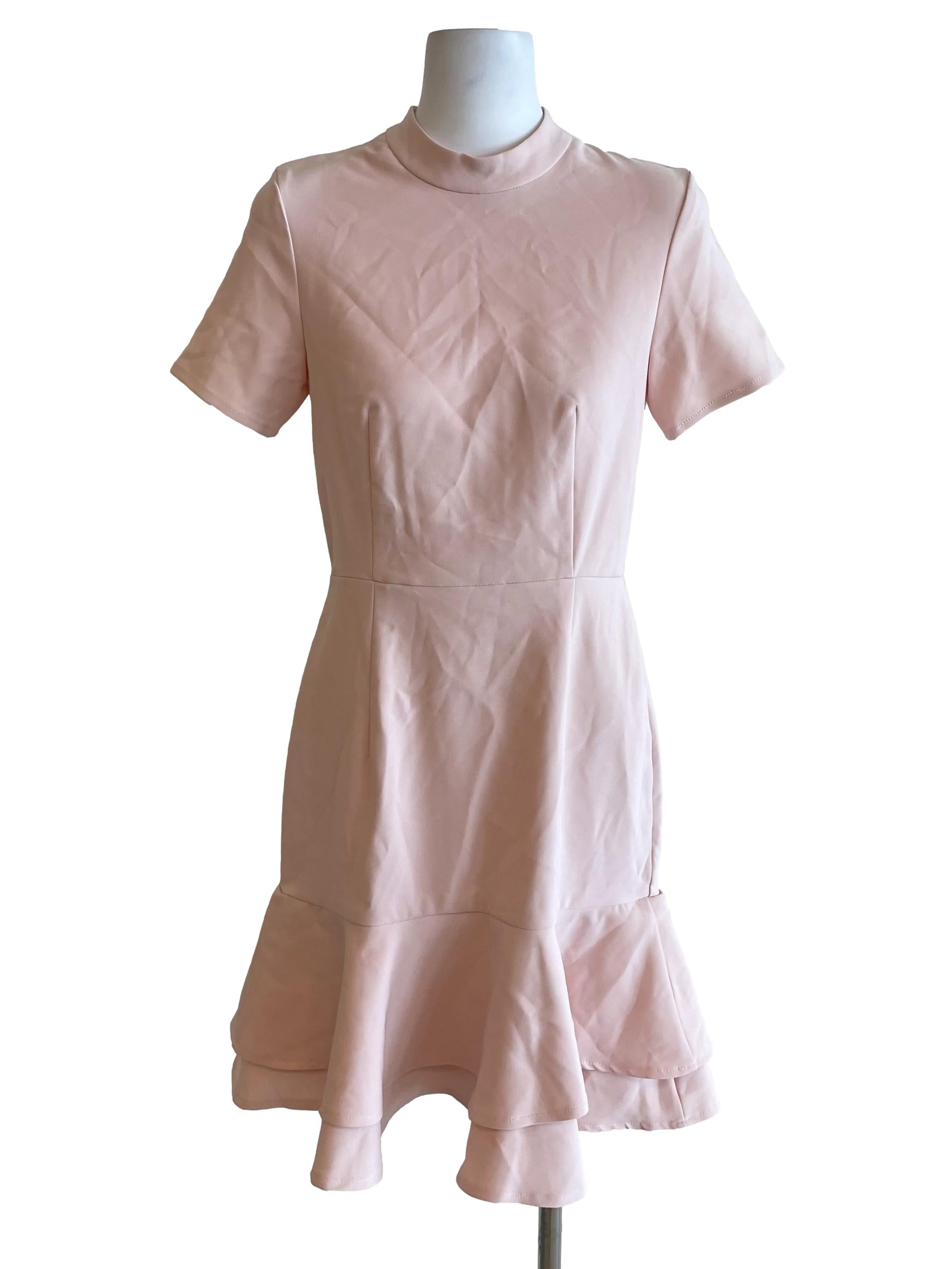 Milky Pink Mid Neck Flounced Dress