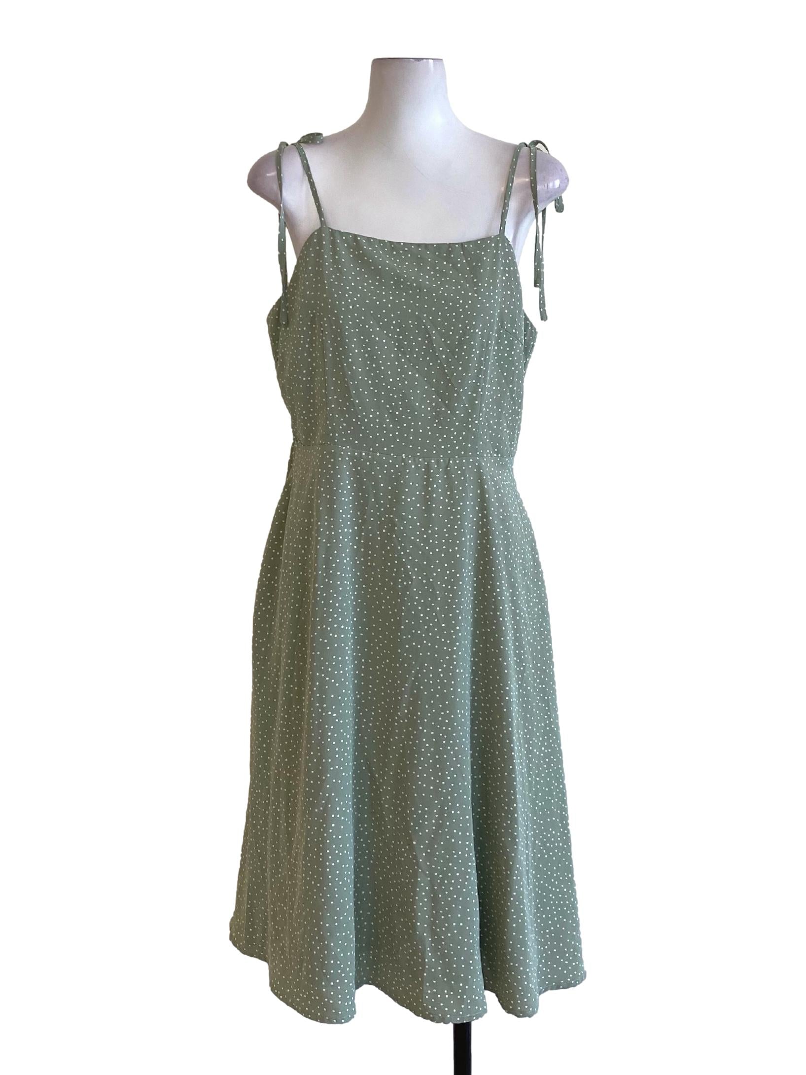 Sage Green Polka Dot Tie Strap A-Line Dress TTR