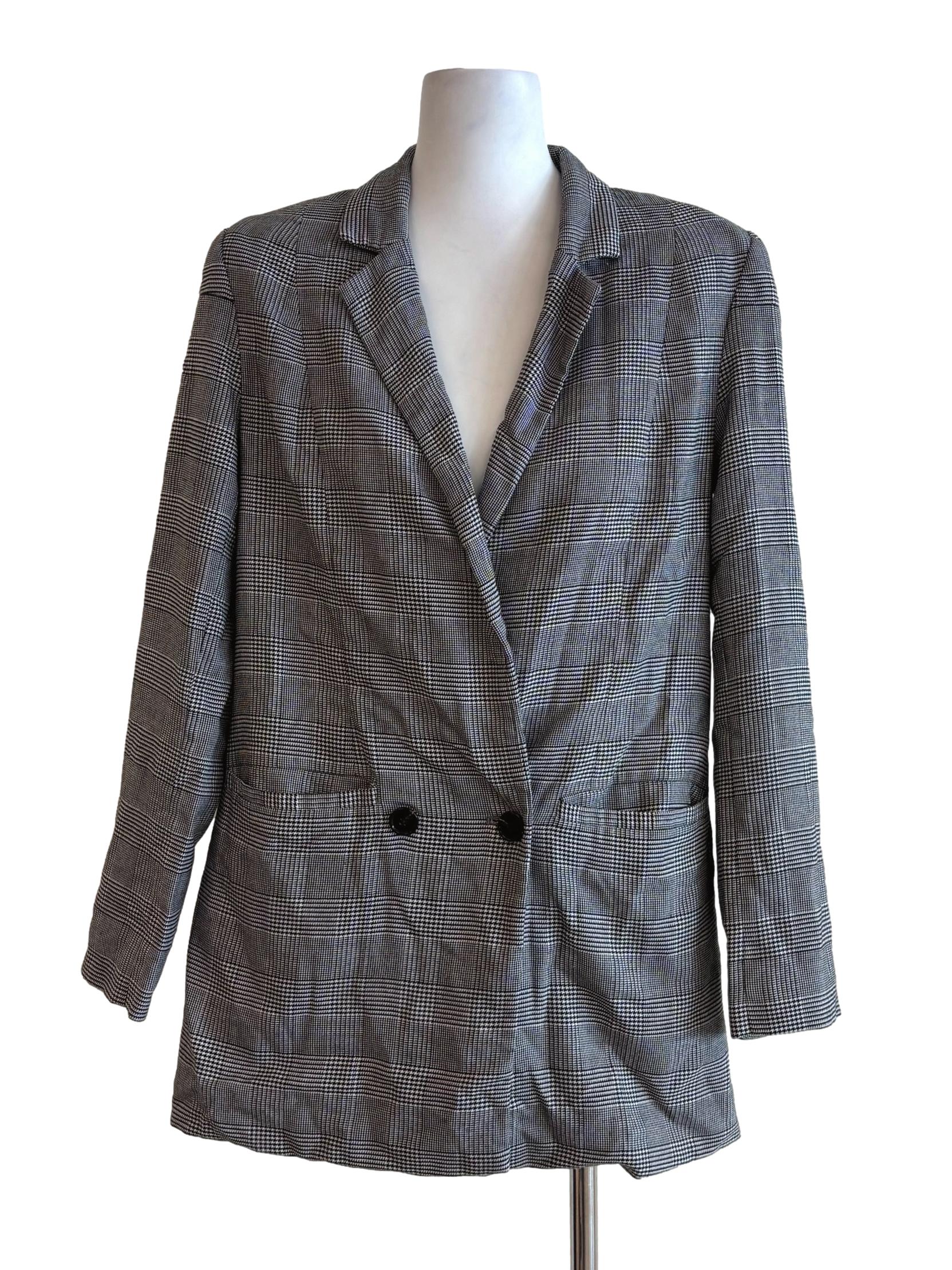 Stone Grey Plaid Double Breasted Blazer