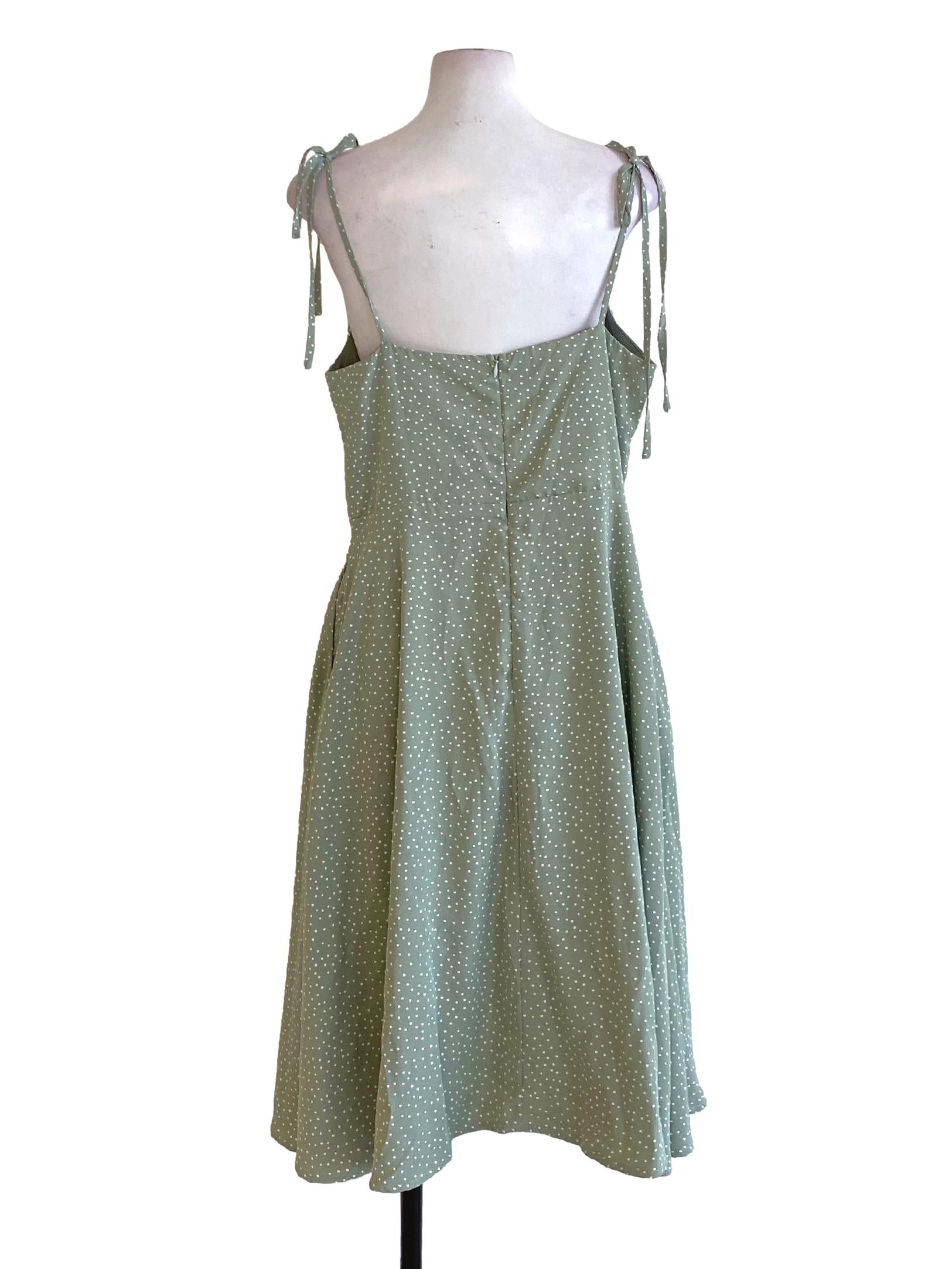 Sage Green Polka Dot Tie Strap A-Line Dress TTR